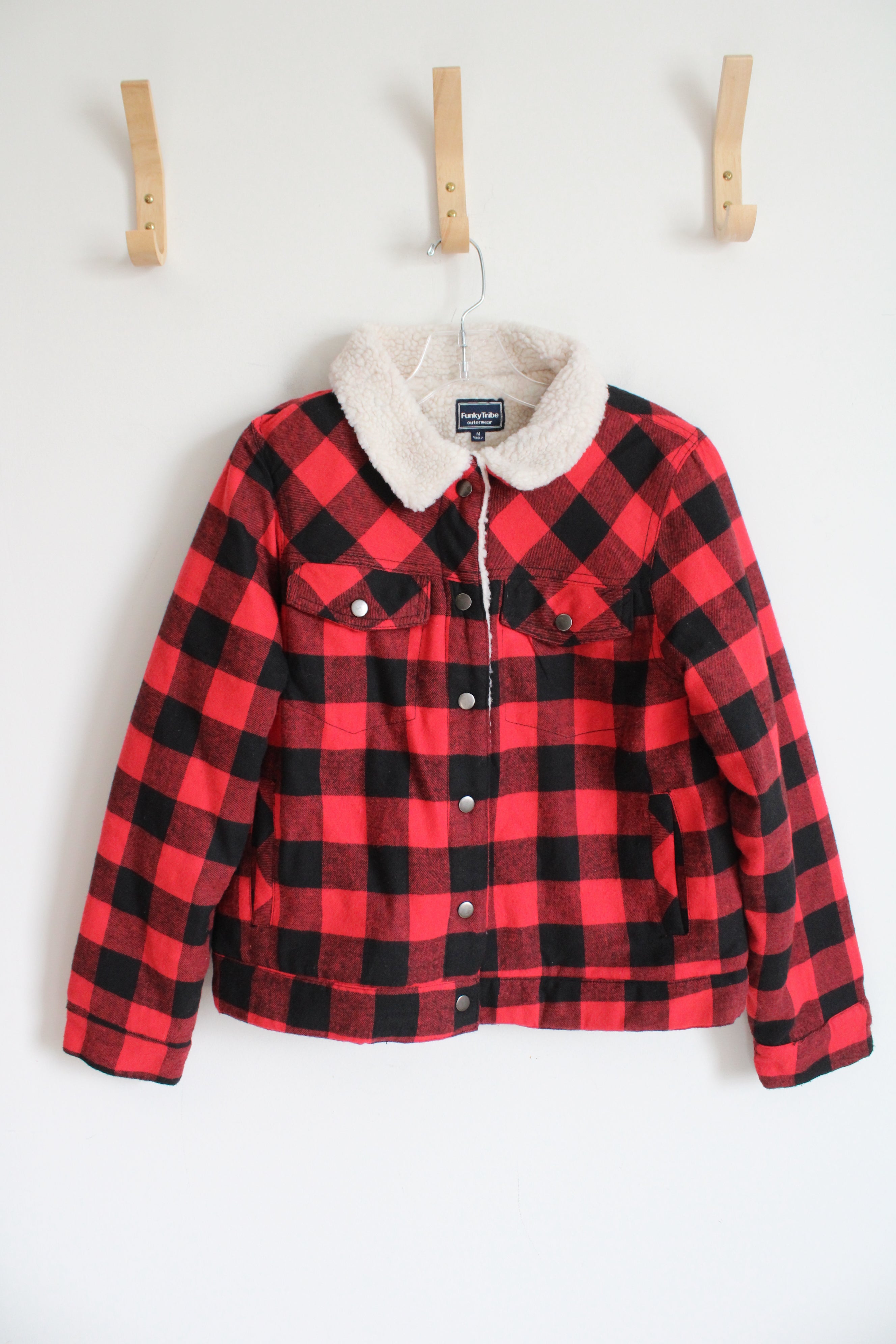 Funky Tribe Outerwear Red & Black Buffalo Plaid Sherpa Lined Jacket | Youth M