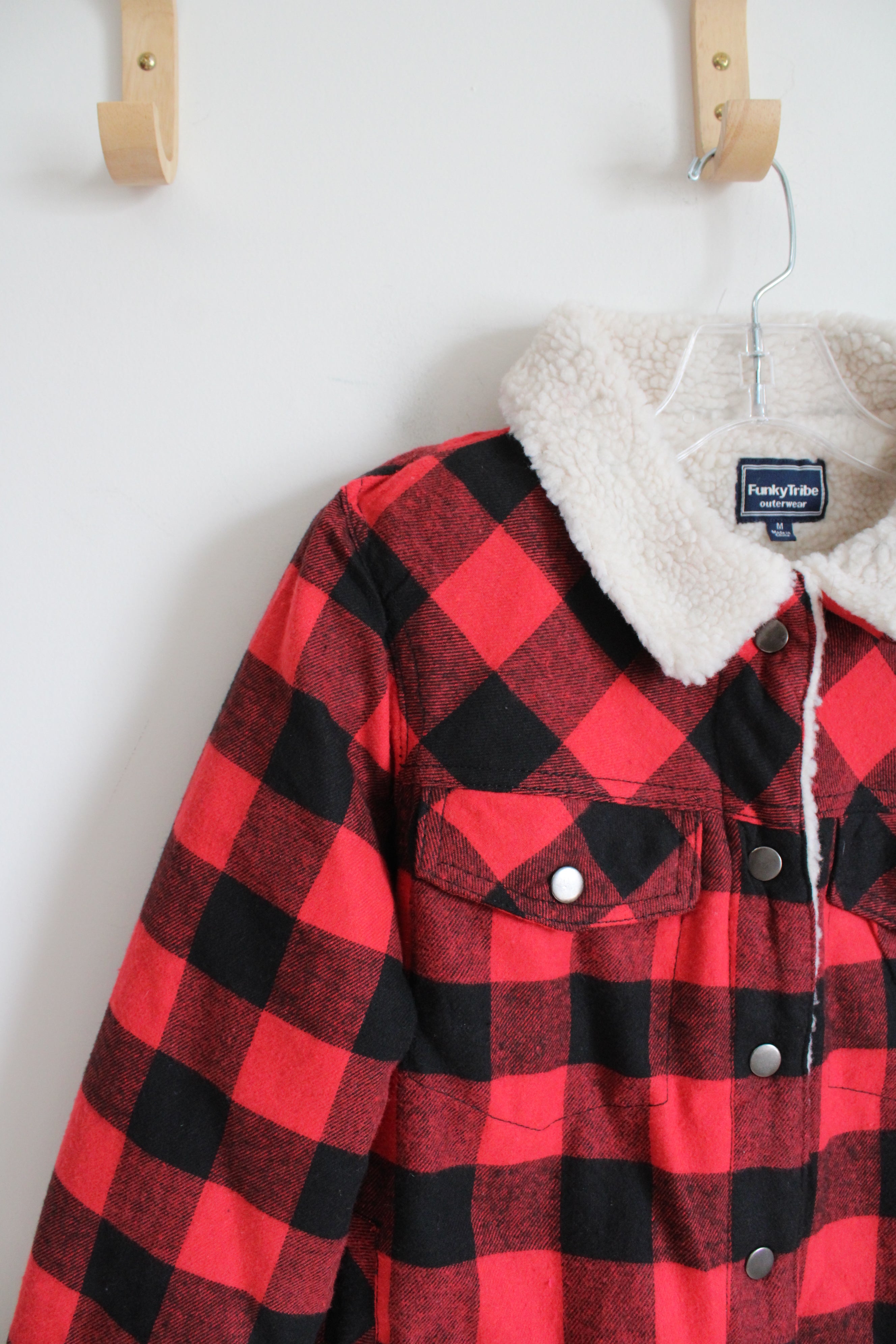 Funky Tribe Outerwear Red & Black Buffalo Plaid Sherpa Lined Jacket | Youth M