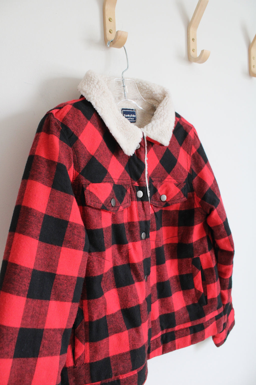 Funky Tribe Outerwear Red & Black Buffalo Plaid Sherpa Lined Jacket | Youth M