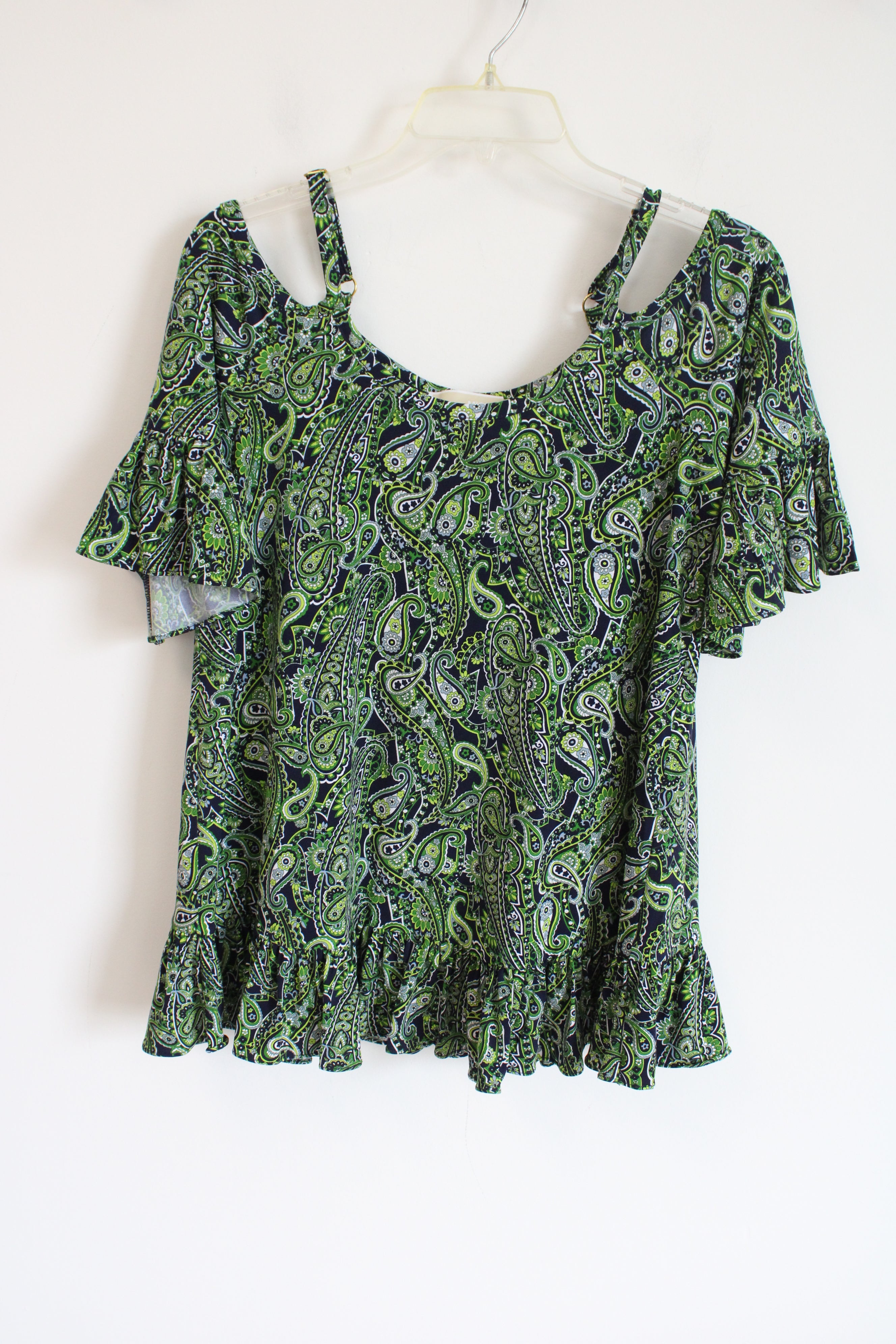 Michael Kors Green Patterned Cold Shoulder Top | S