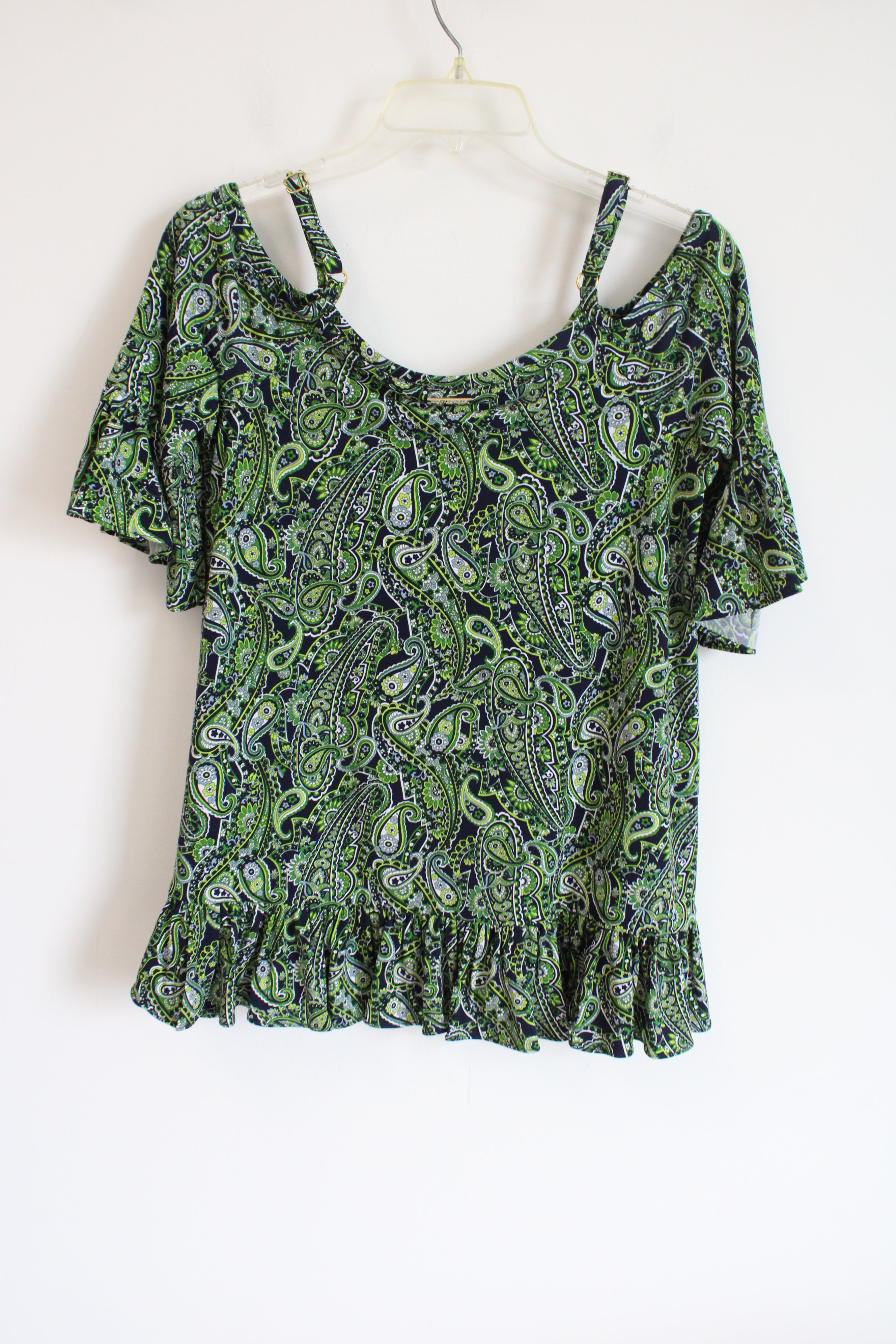 Michael Kors Green Patterned Cold Shoulder Top | S