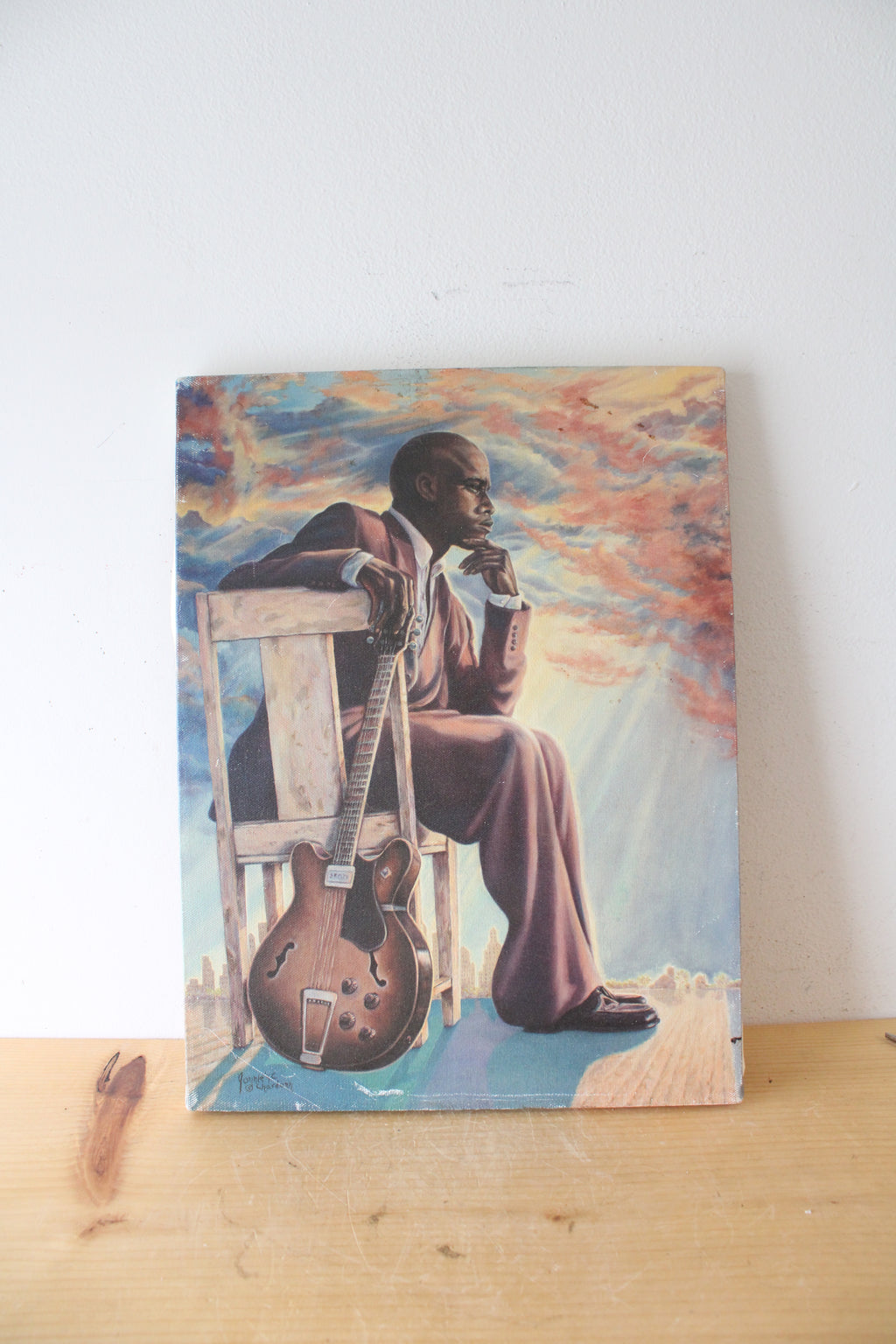 Signed JB Art Man & Guitar Painted 12X16" Canvas
