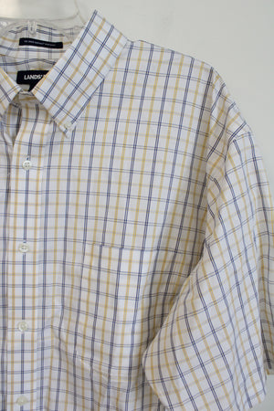 Lands' End Traditional Fit White Blue & Yellow Plaid Button Down Shirt | 18 Tall