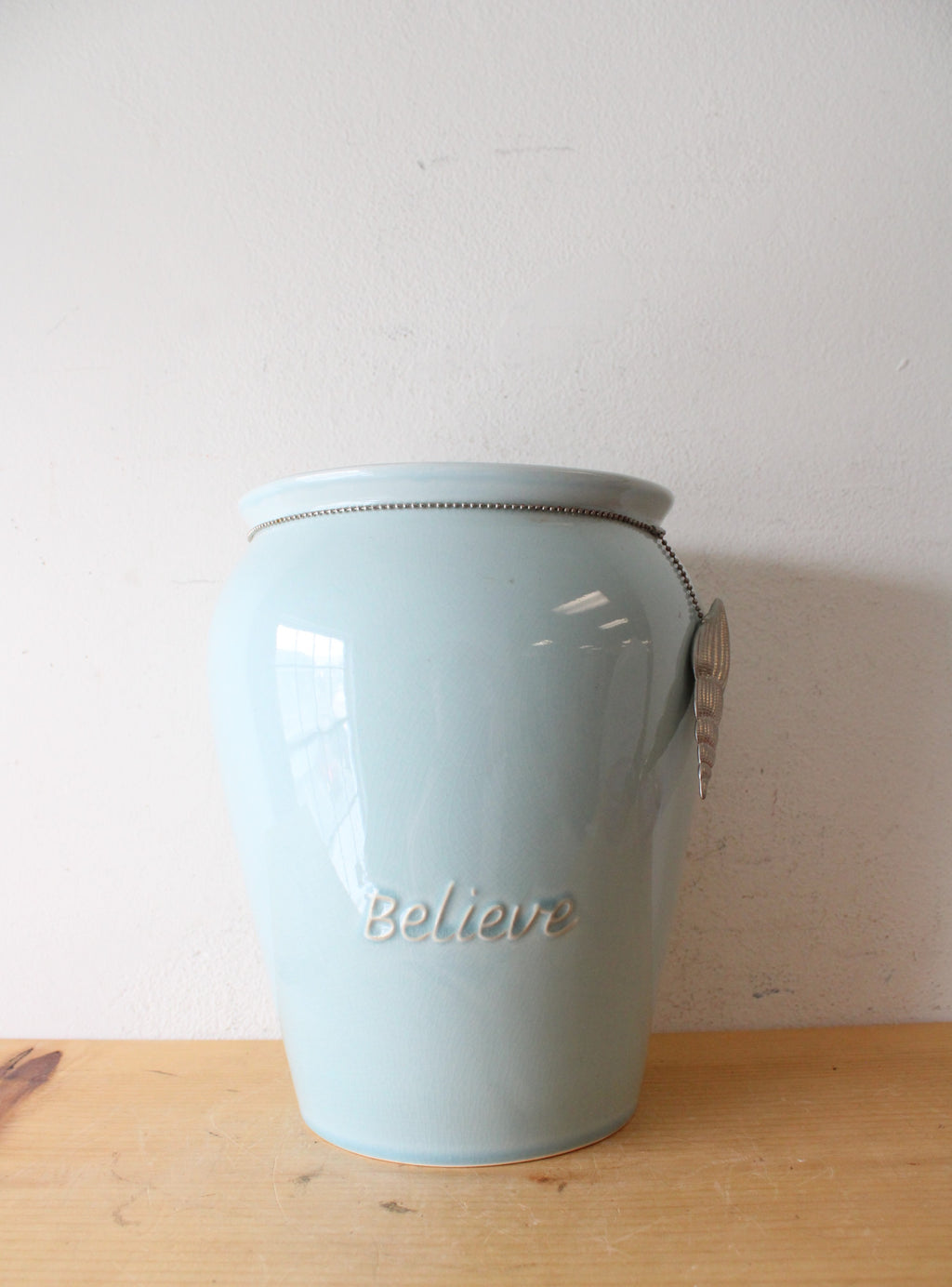 Allure Home Creation Co. Blue "Believe" Coastal Charms Ceramic Wastebasket