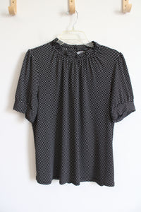 NEW Adrianna Papell Black & White Polka Dot Ruffled Neck Top | L