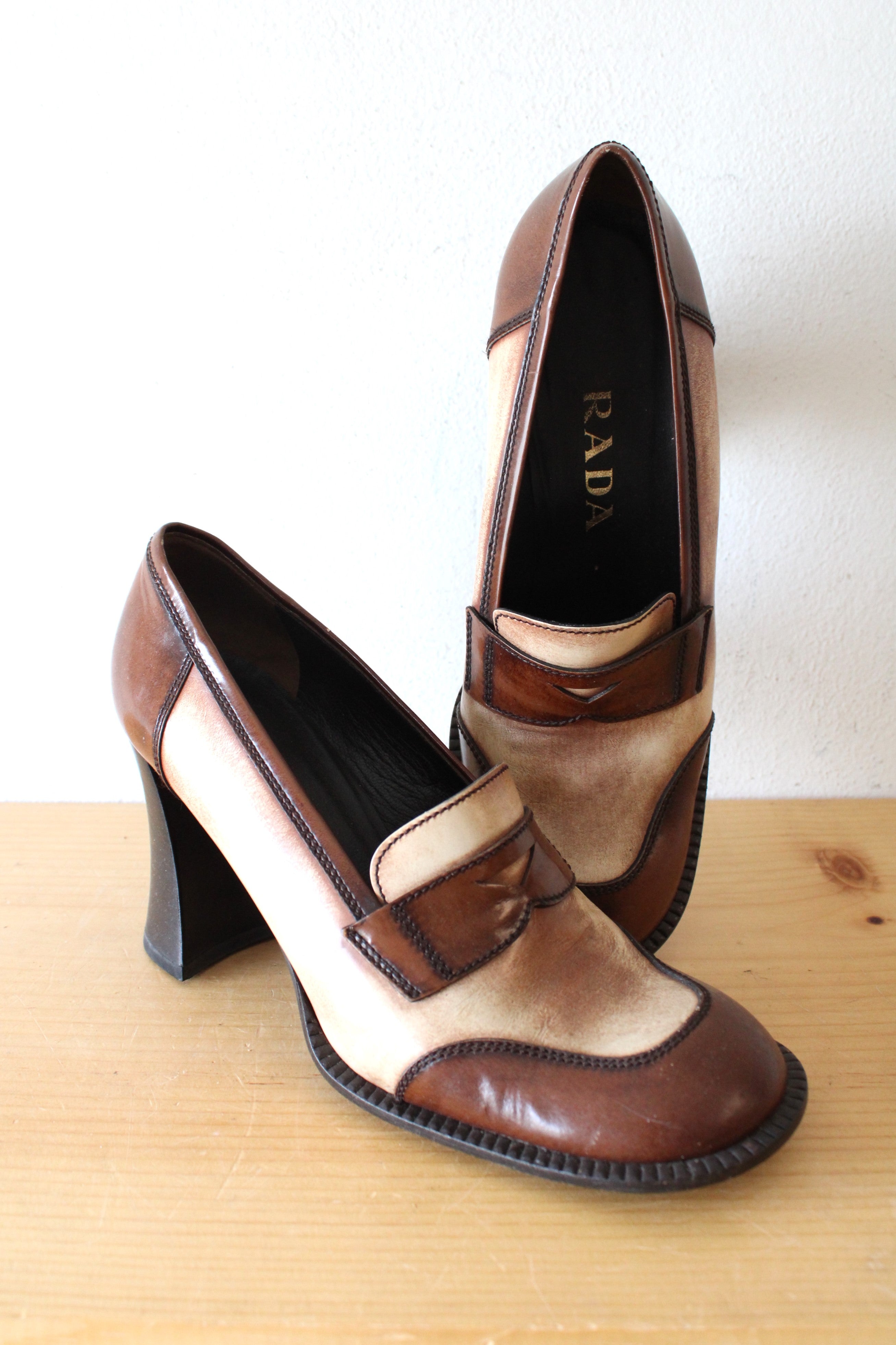 Prada Vintage Two-Tone Brown Tan Heeled Penny Loafers | Size 39 1/2