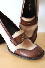 Prada Vintage Two-Tone Brown Tan Heeled Penny Loafers | Size 39 1/2