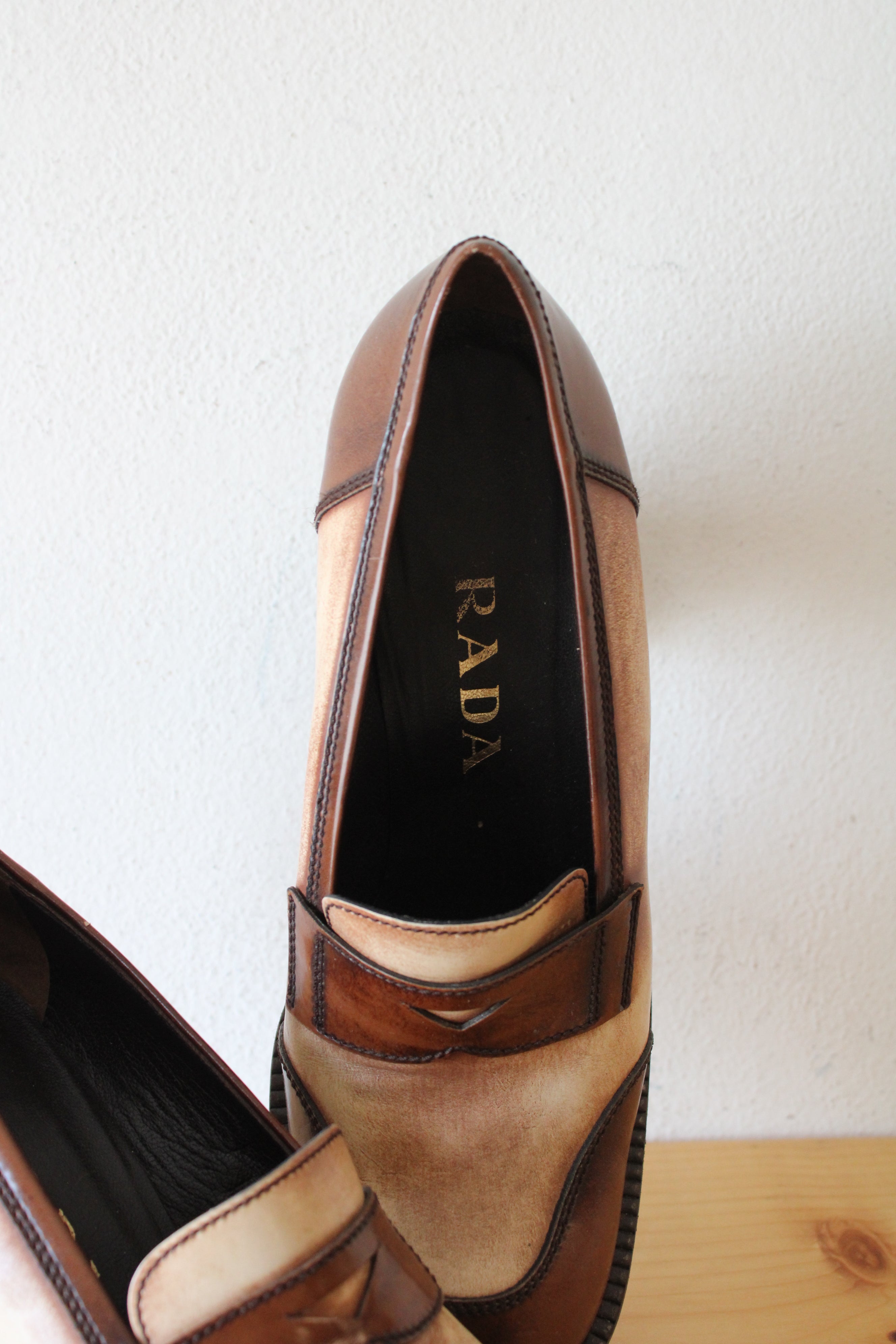 Prada Vintage Two-Tone Brown Tan Heeled Penny Loafers | Size 39 1/2