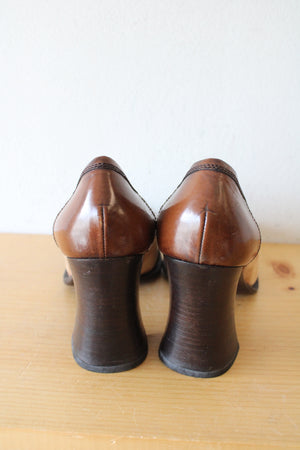 Prada Vintage Two-Tone Brown Tan Heeled Penny Loafers | Size 39 1/2