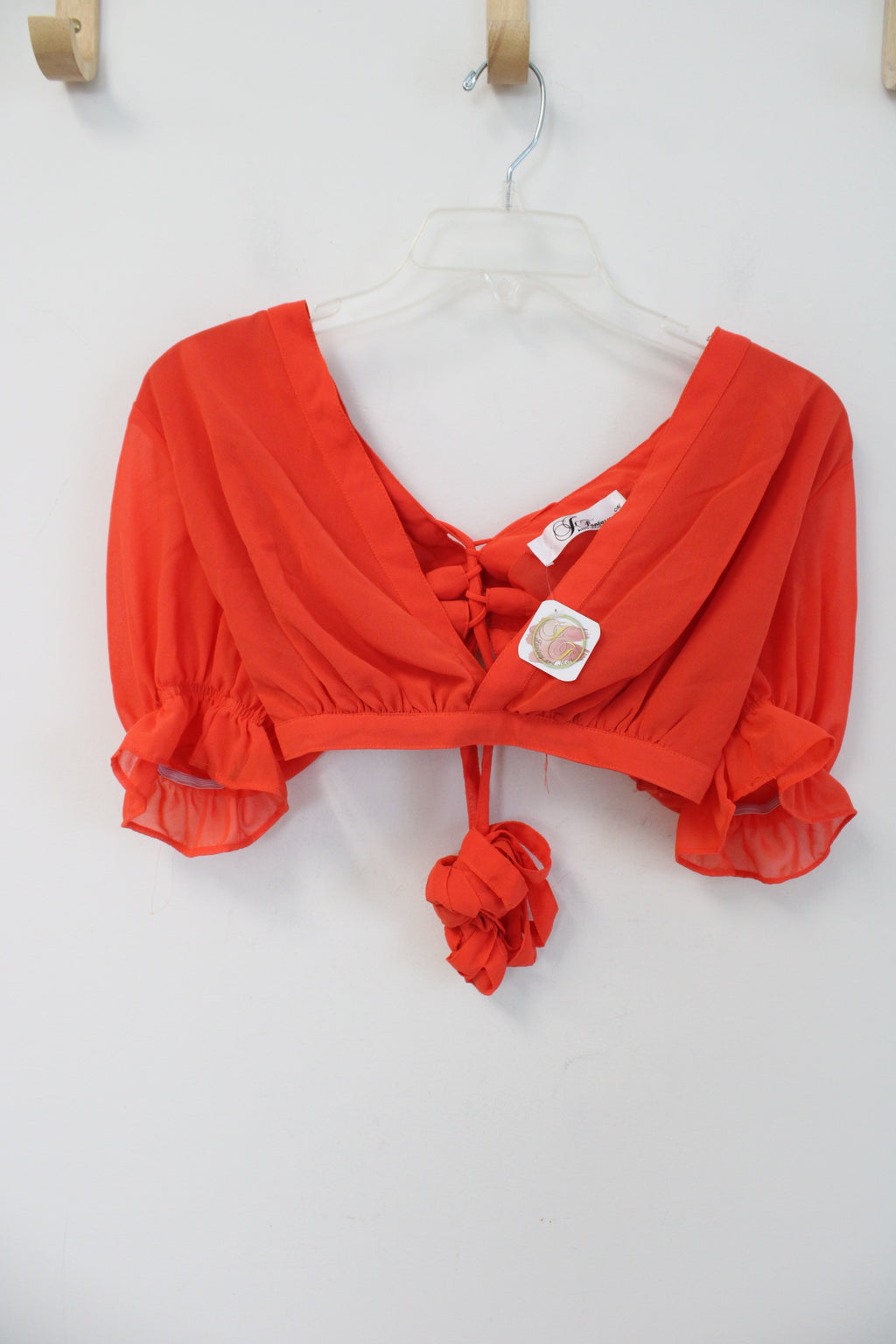 NEW Fantasy & More Poppy Orange Chiffon Crop Puff Sleeve Top | M