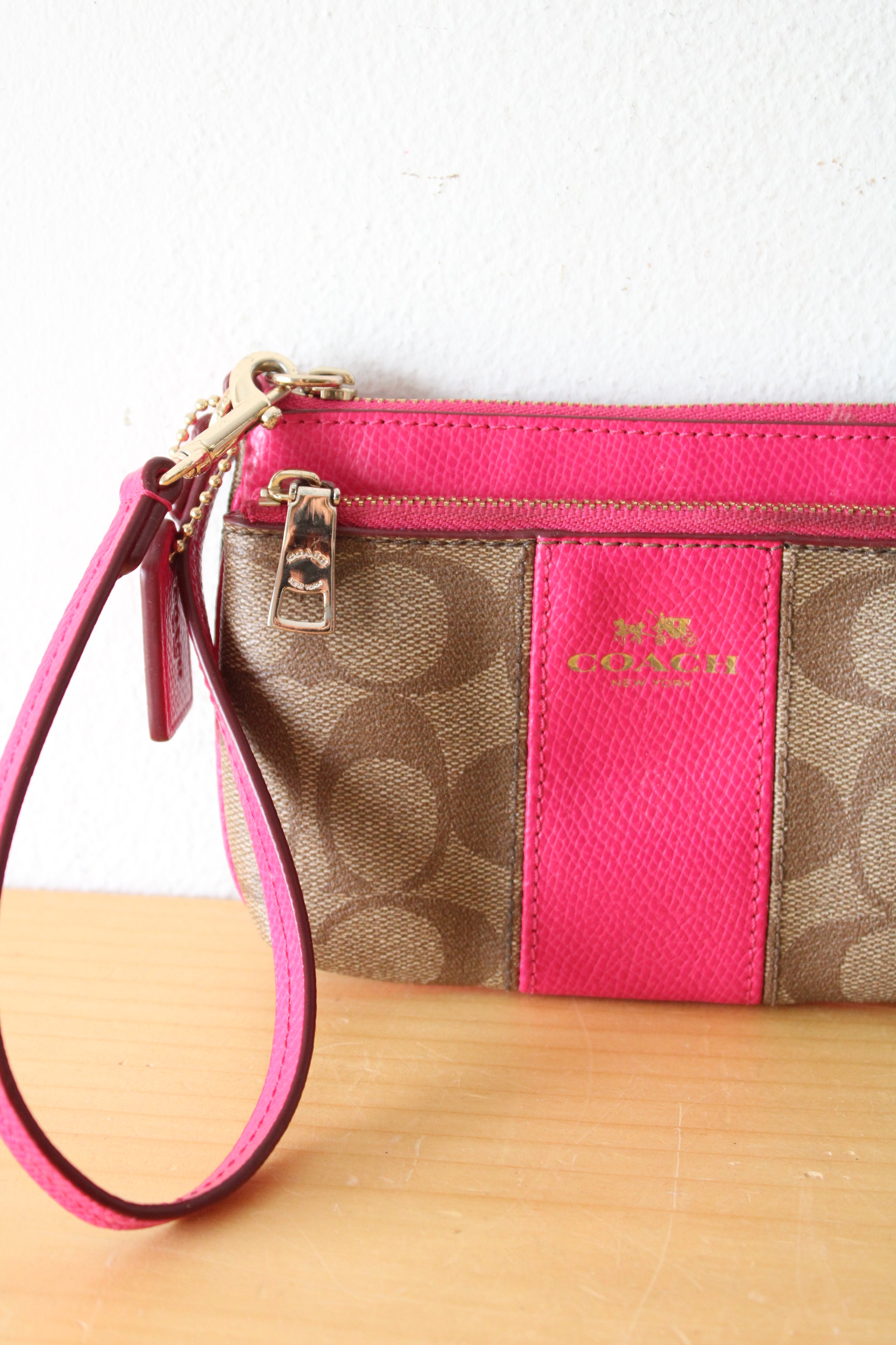 Coach Pink & Brown Corner Zip Wristlet