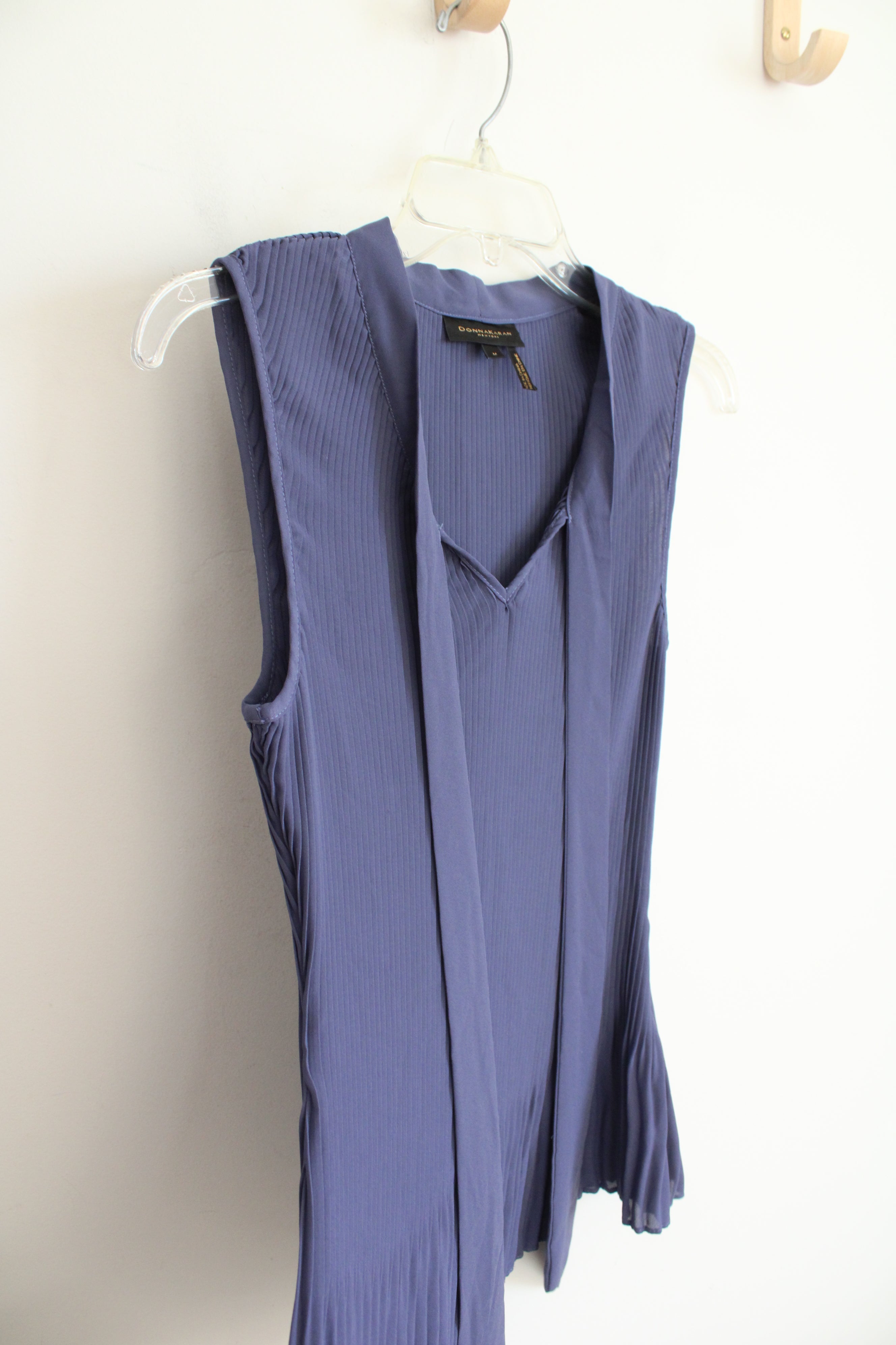 Donna Karan Blue Purple Pleated Tied Neck Sleeveless Top | M