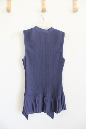 Donna Karan Blue Purple Pleated Tied Neck Sleeveless Top | M