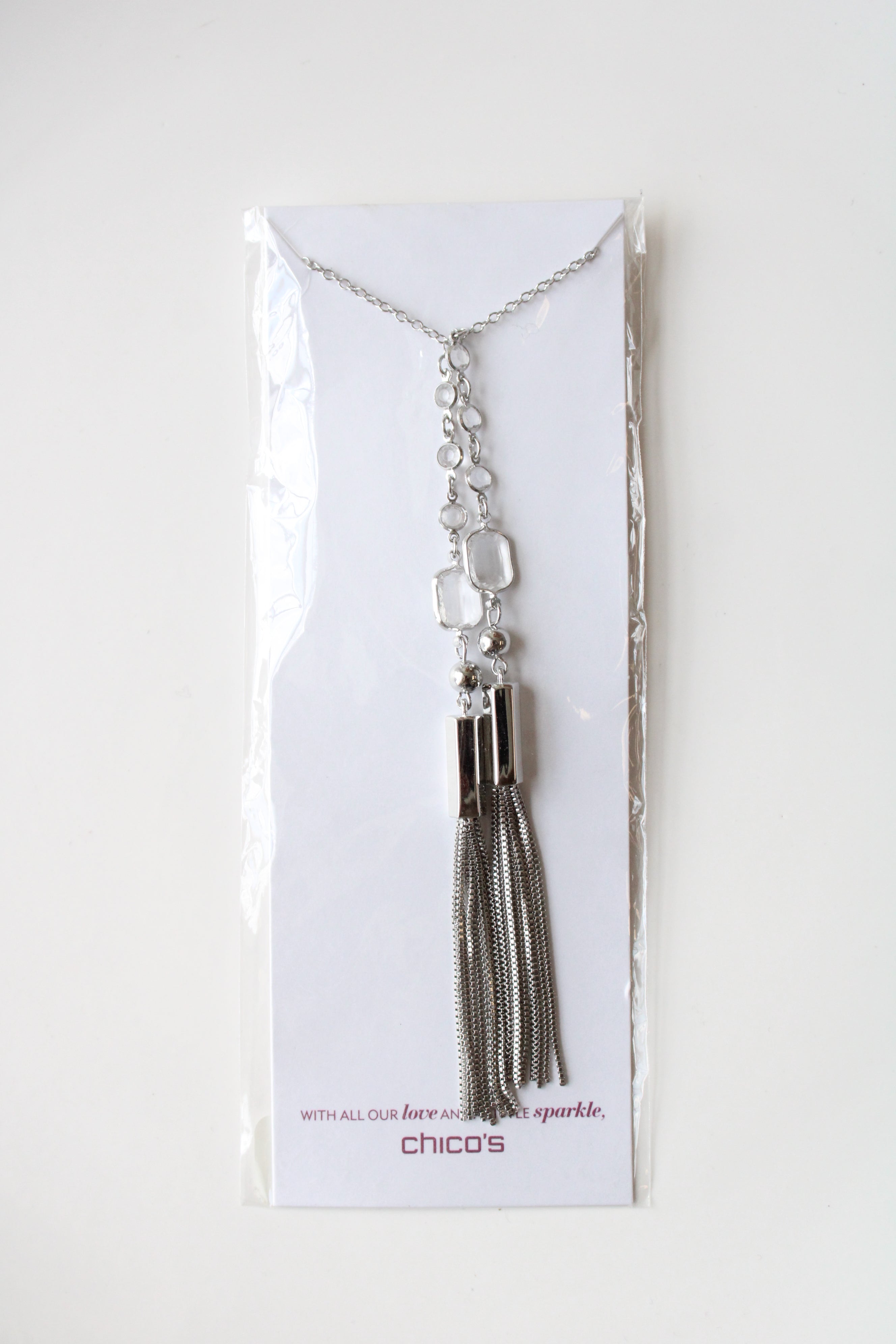 NEW Chico's Silver Tassel Crystal Stone Lariat Necklace