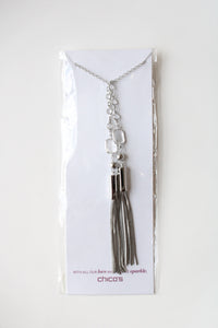 NEW Chico's Silver Tassel Crystal Stone Lariat Necklace