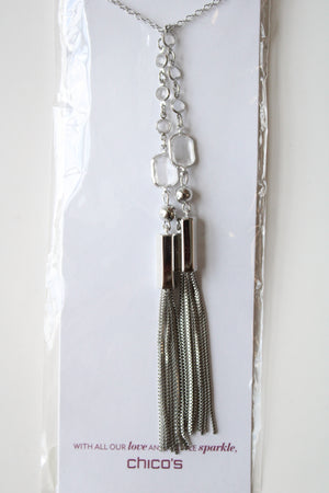 NEW Chico's Silver Tassel Crystal Stone Lariat Necklace