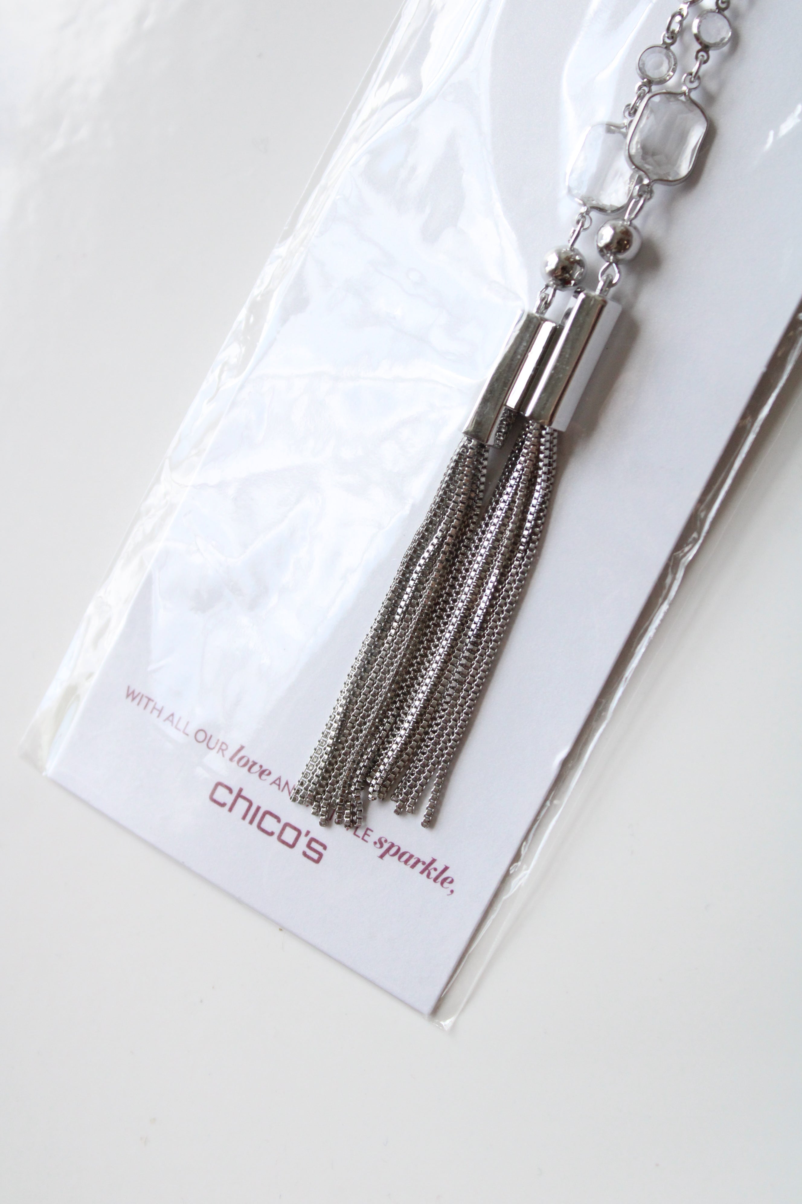 NEW Chico's Silver Tassel Crystal Stone Lariat Necklace