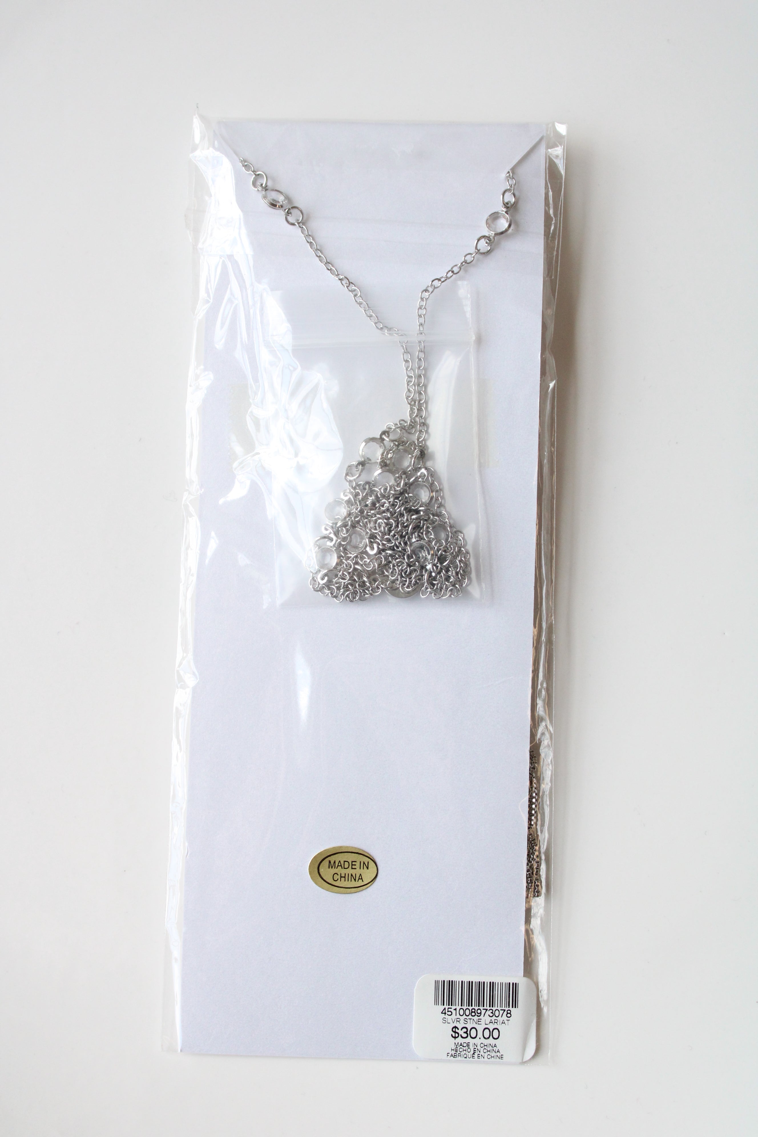 NEW Chico's Silver Tassel Crystal Stone Lariat Necklace