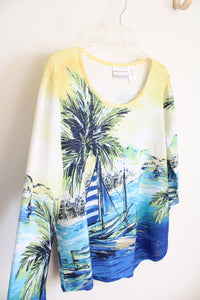 Alfred Dunner Blue & Yellow Sailboat Island Scene Top | M Petite