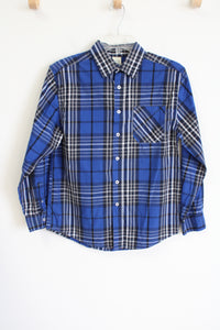 Faded Glory Blue Plaid Button Down Shirt | 14/16