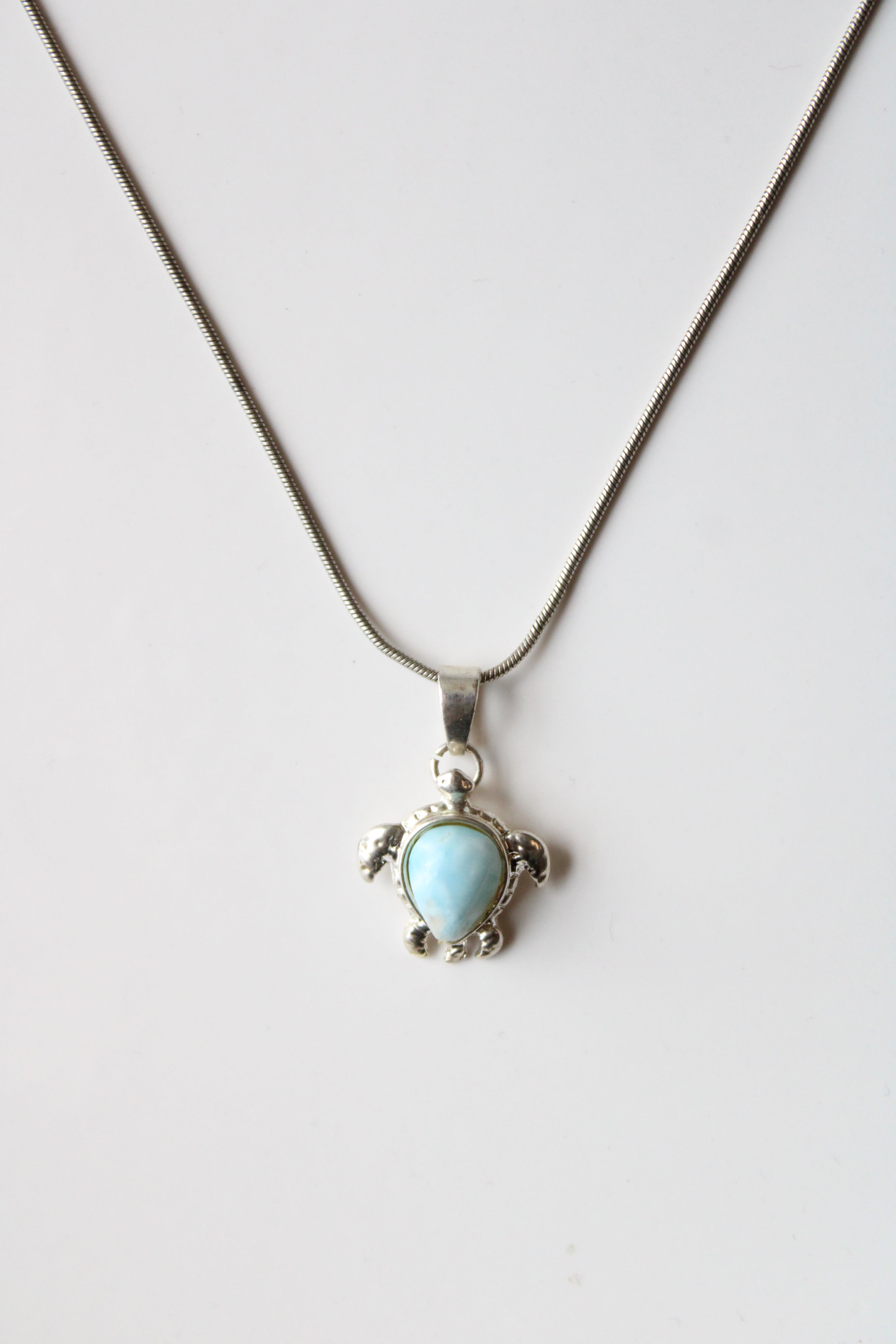 Sea Turtle Larimar Stone Pendant Sterling Silver Necklace