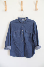 New York & Company Stretch Blue Quarter Button Down Top | L