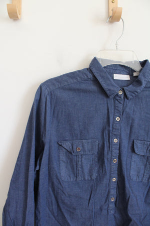 New York & Company Stretch Blue Quarter Button Down Top | L