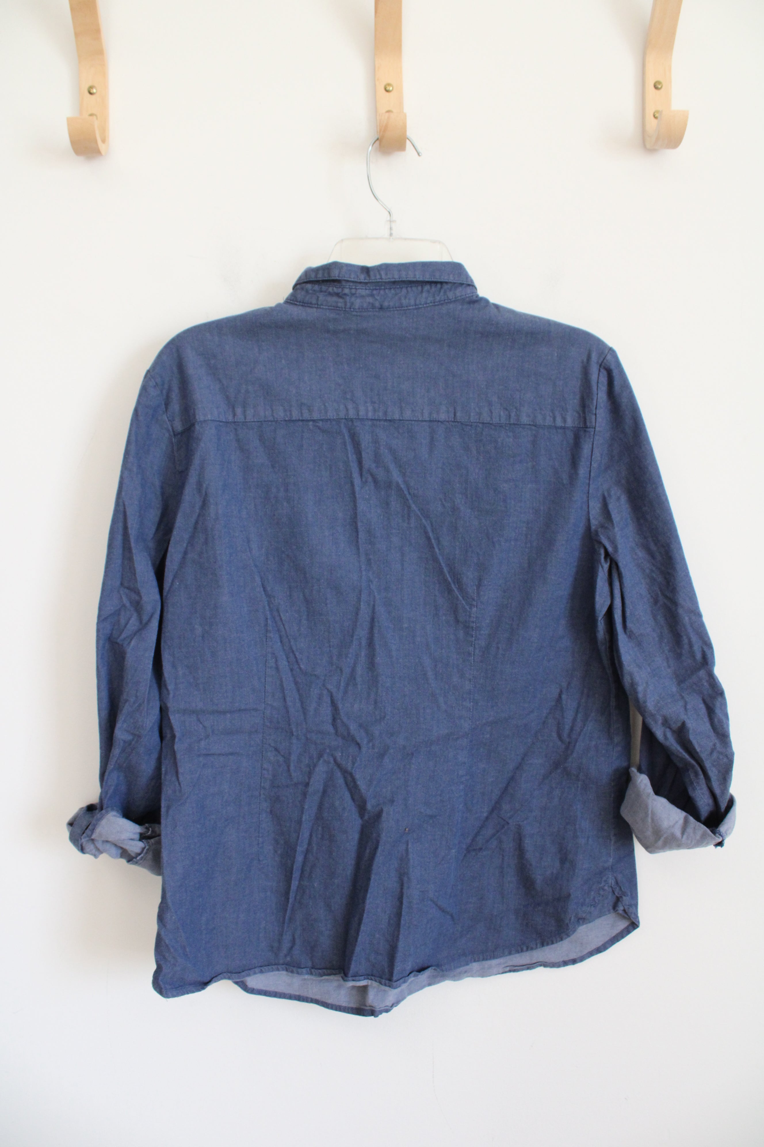 New York & Company Stretch Blue Quarter Button Down Top | L