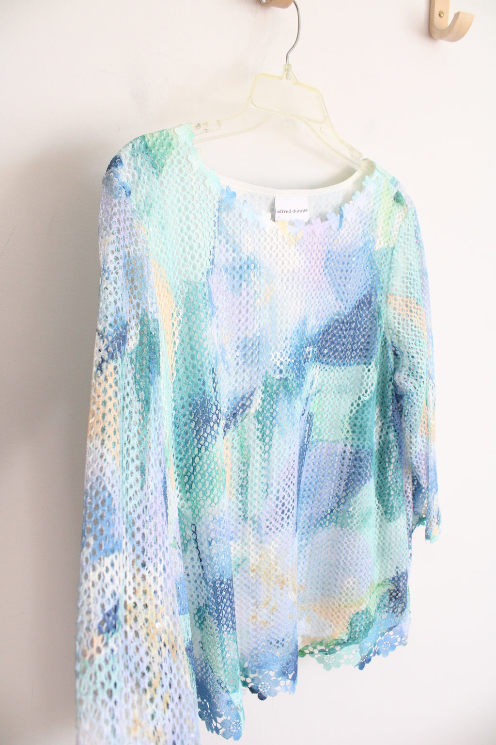 Alfred Dunner Blue Green Yellow Floral Mesh Overlay Top | L