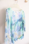 Alfred Dunner Blue Green Yellow Floral Mesh Overlay Top | L