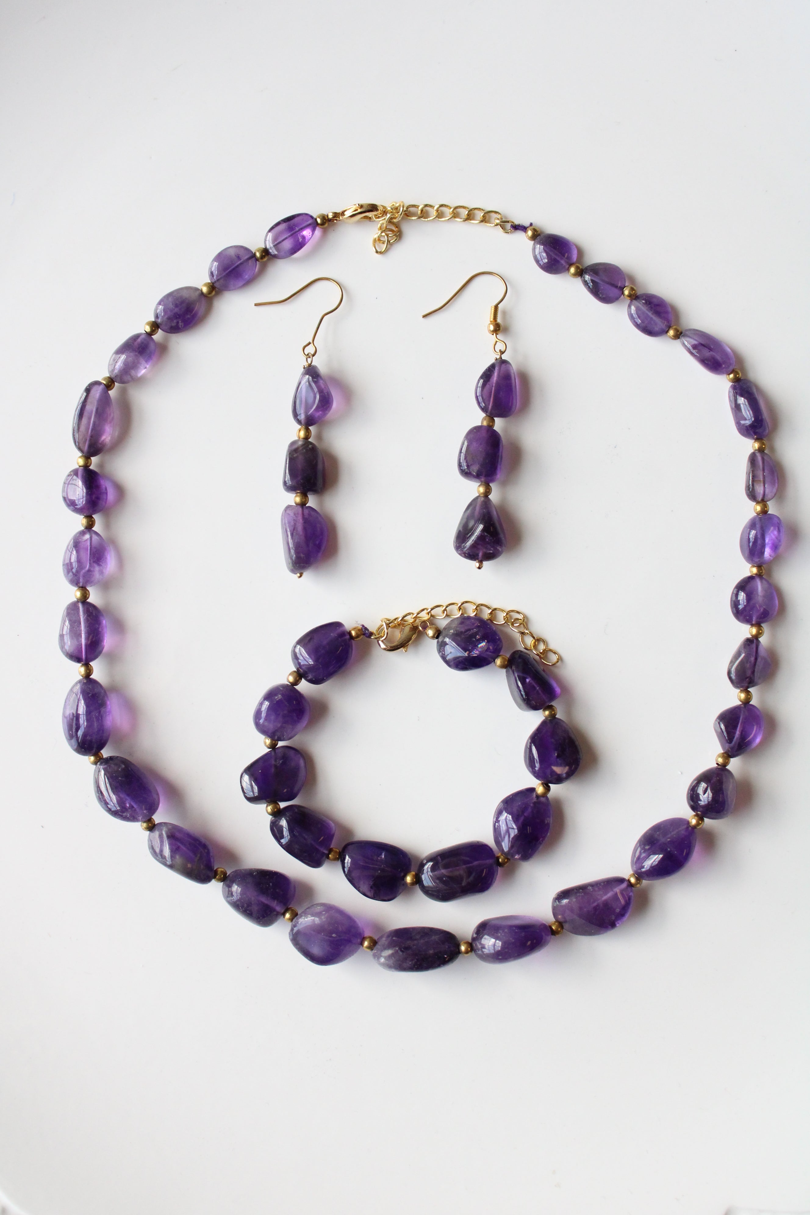 Stauer Tumbled Amethyst Purple Smooth Beaded Necklace Earring Bracelet Set