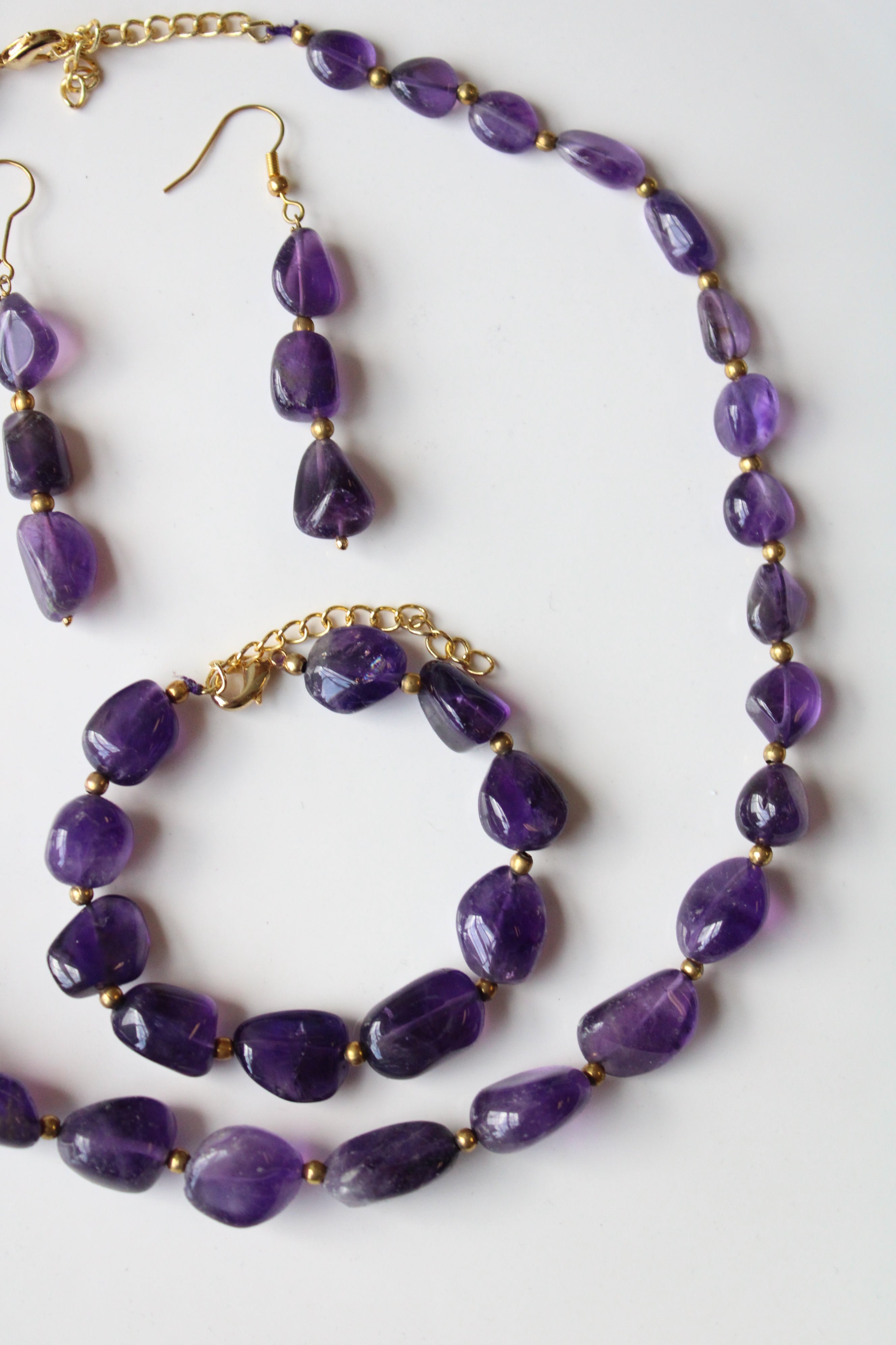 Stauer Tumbled Amethyst Purple Smooth Beaded Necklace Earring Bracelet Set