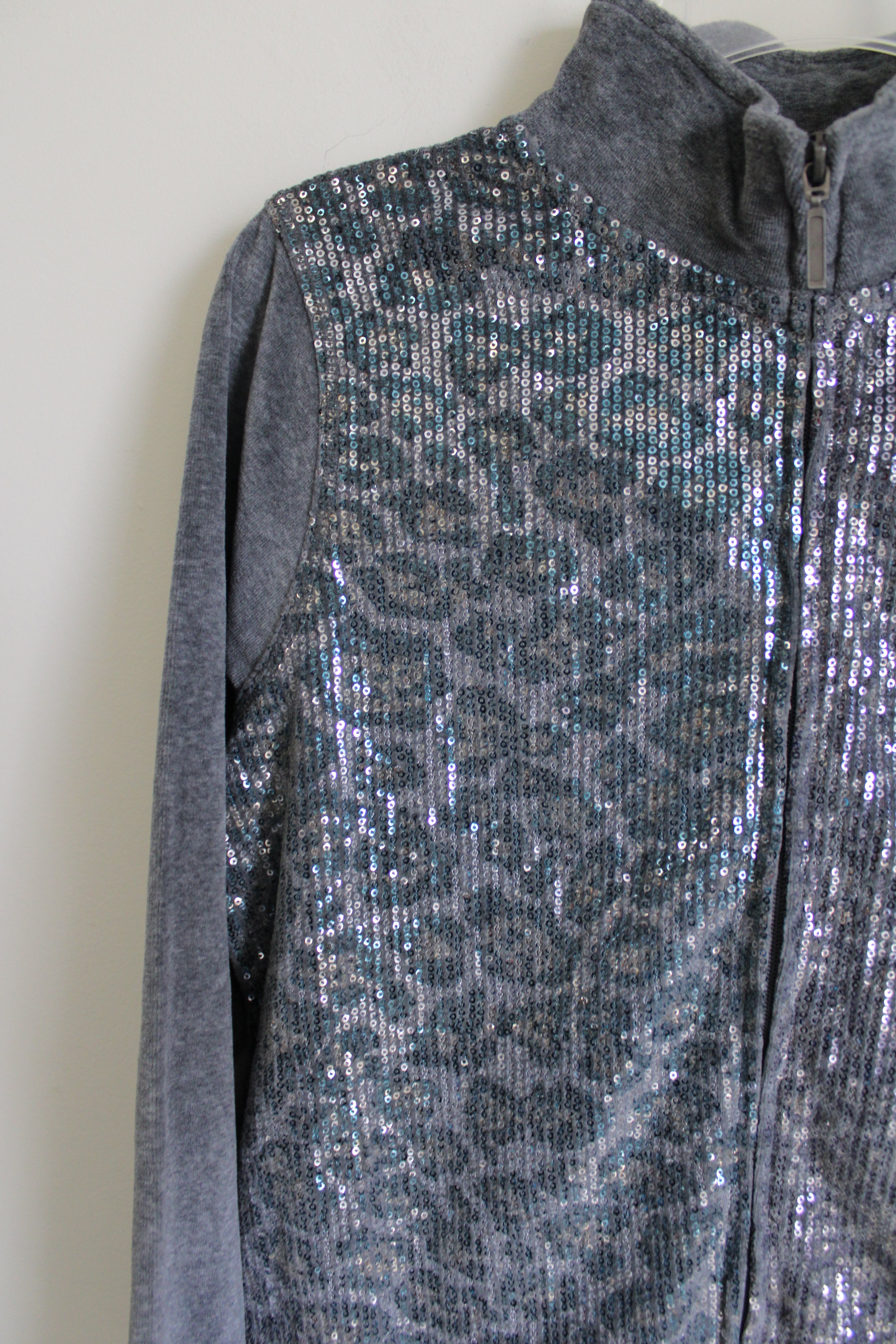 Onque Casuals Gray Leopard Sequin Velour Jacket | S