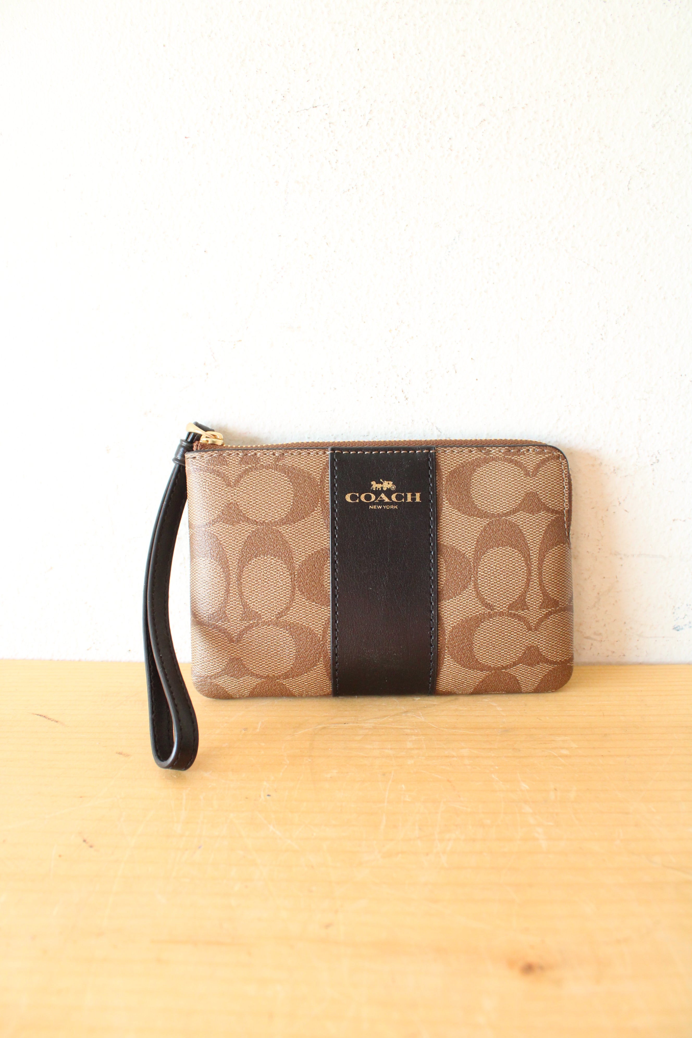 Coach Brown & Black Signature Canvas Corner Zip Wristlet