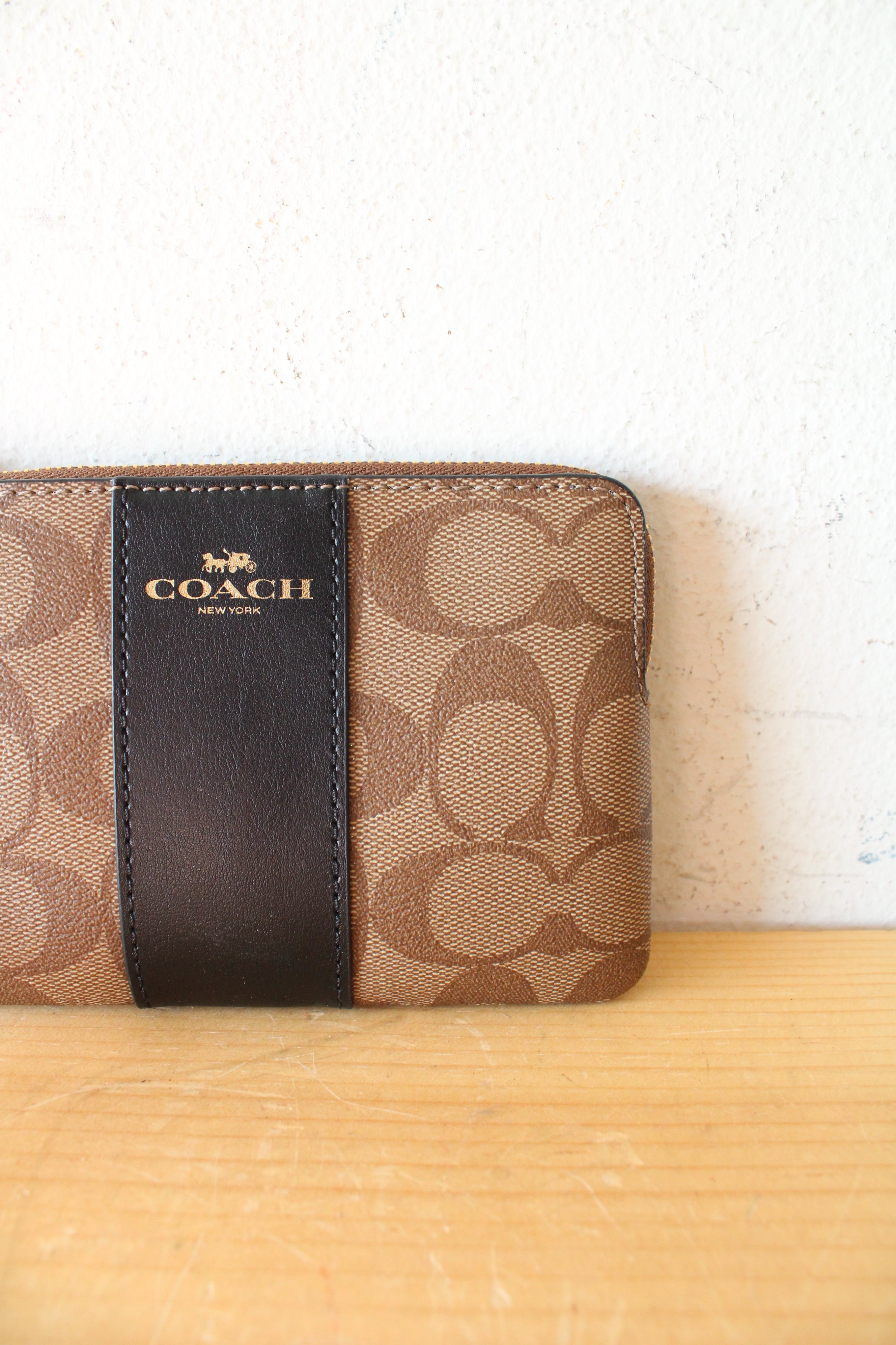 Coach Brown & Black Signature Canvas Corner Zip Wristlet