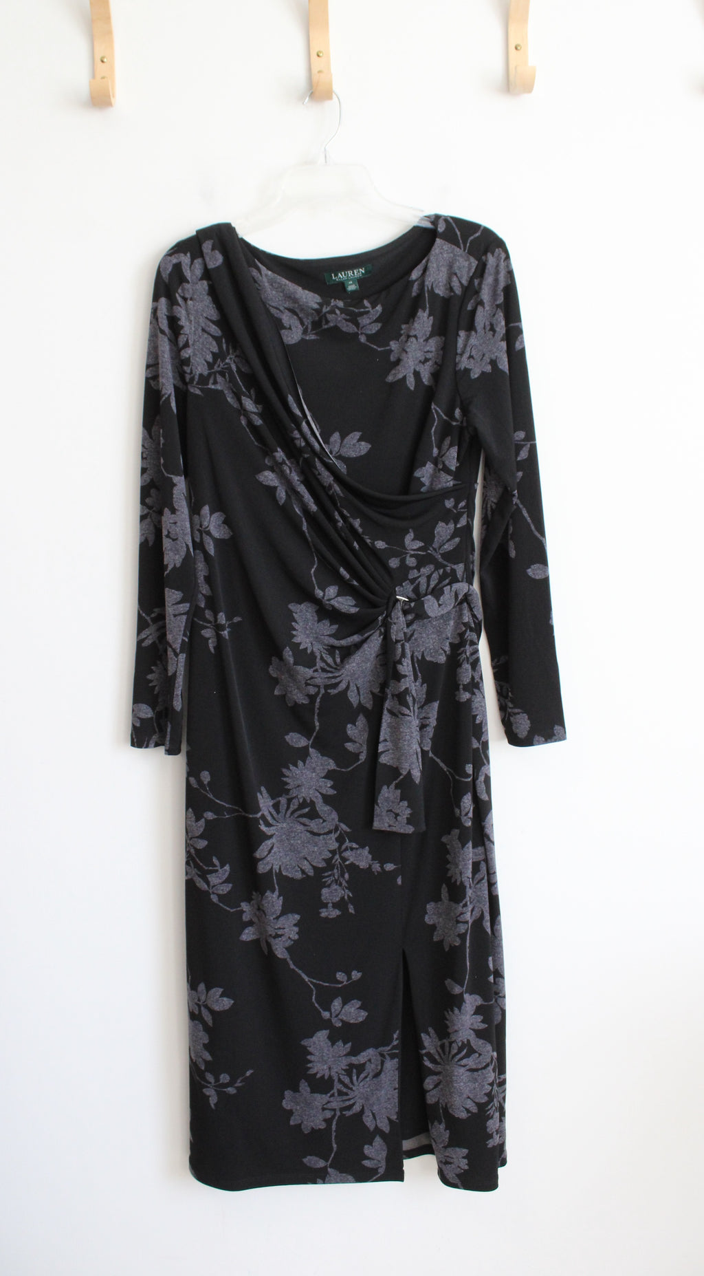 Ralph Lauren Black & Gray Floral Long Sleeved Belted Dress | 14
