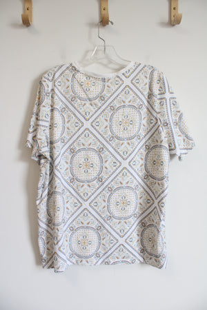 Lands' End White Brown Yellow & Blue Patterned Top | 1X