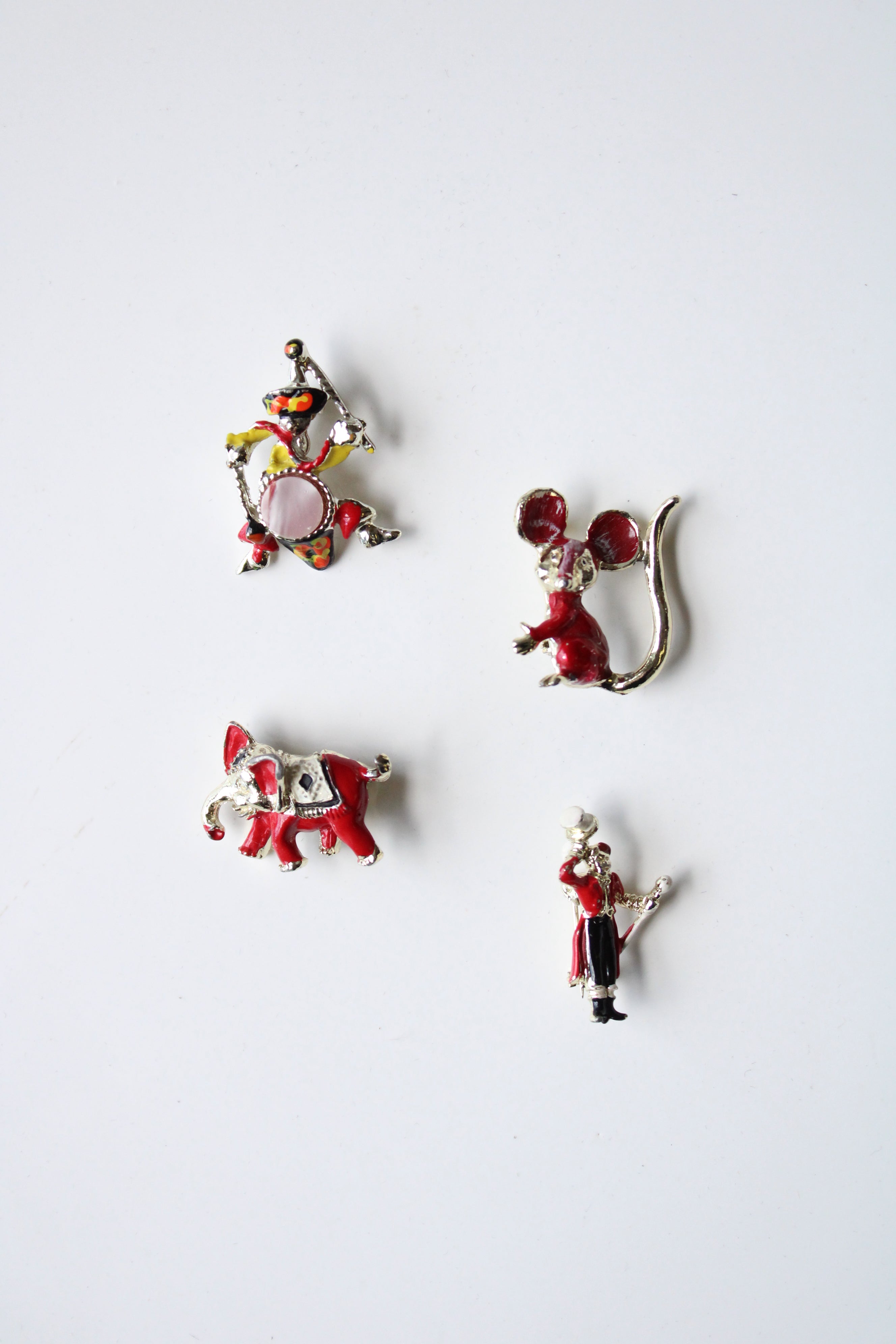 Vintage Circus Animal & Clown Silver Painted Pins | Set Of 4