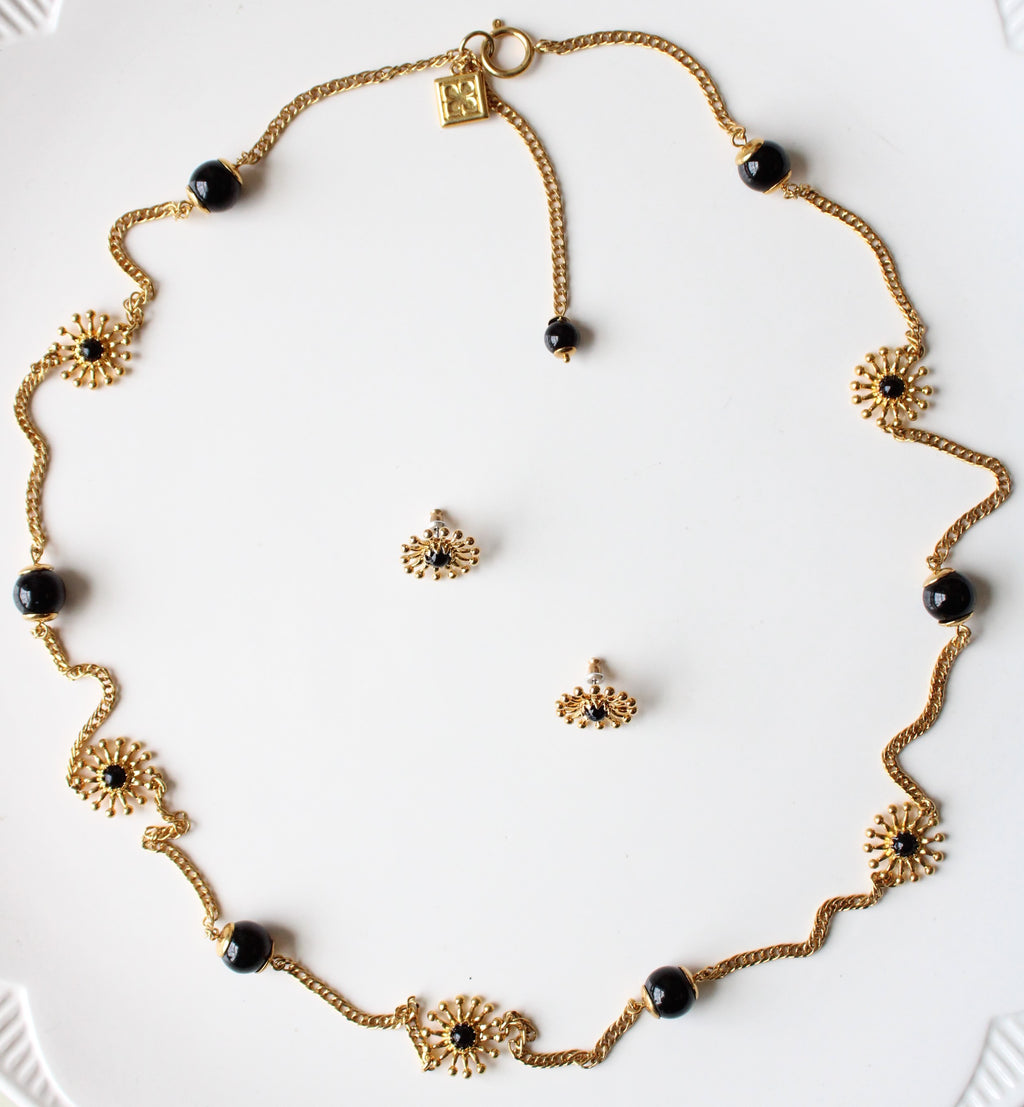 Liz Claiborne Gold Sunburst Black Beaded Necklace & Earring Set