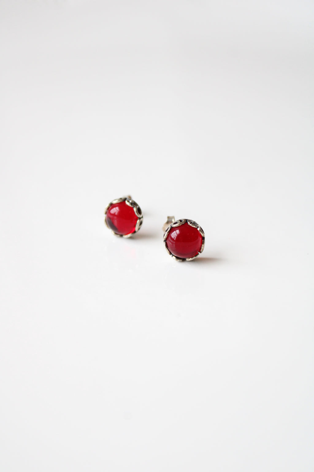 Dark Cherry Red Sterling Silver Stud Earrings