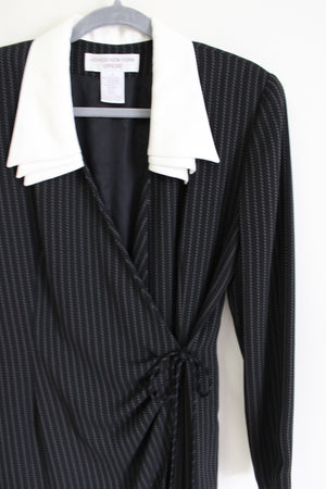 Vintage Jones New York Black Pinstripe Wrap Dress | 14