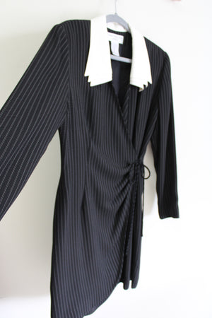 Vintage Jones New York Black Pinstripe Wrap Dress | 14