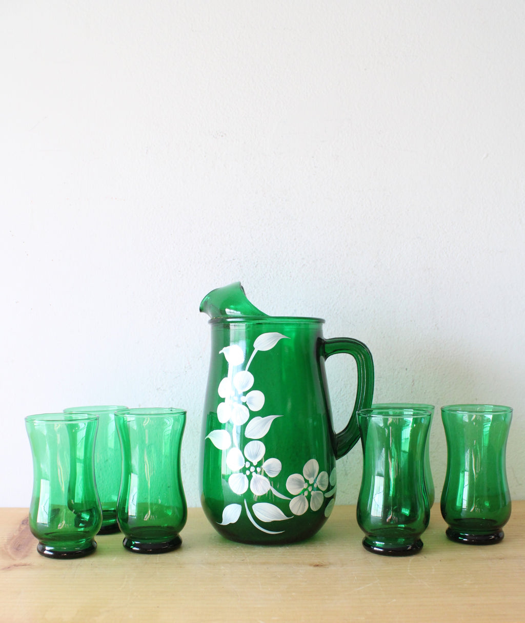 Vintage Emerald Green Hand Painted Floral Glass Pitcher & Cups Set Of 7