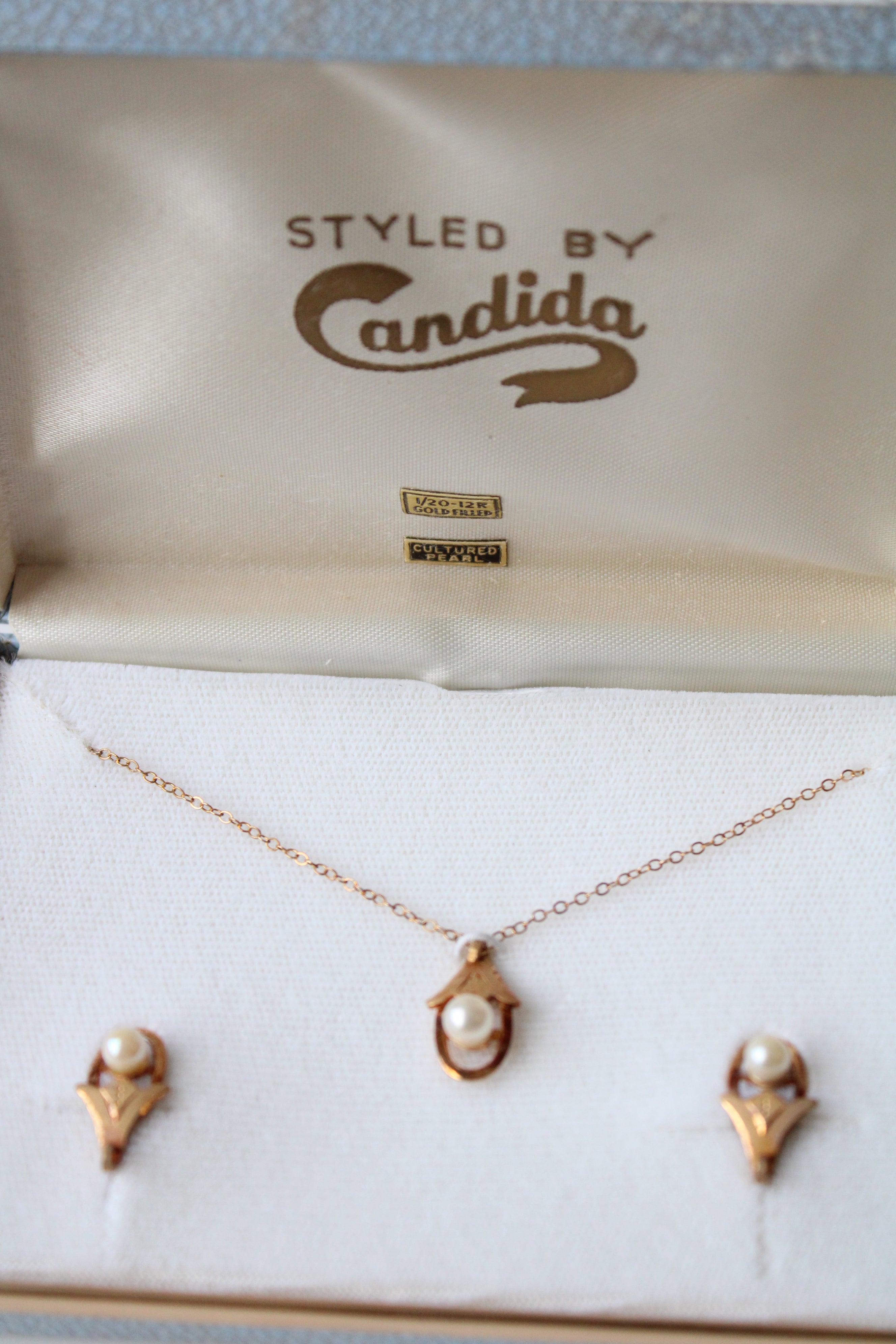 Candida 1/20 12K Gold Filled Cultured Pearl Necklace & Screwback Earring Set