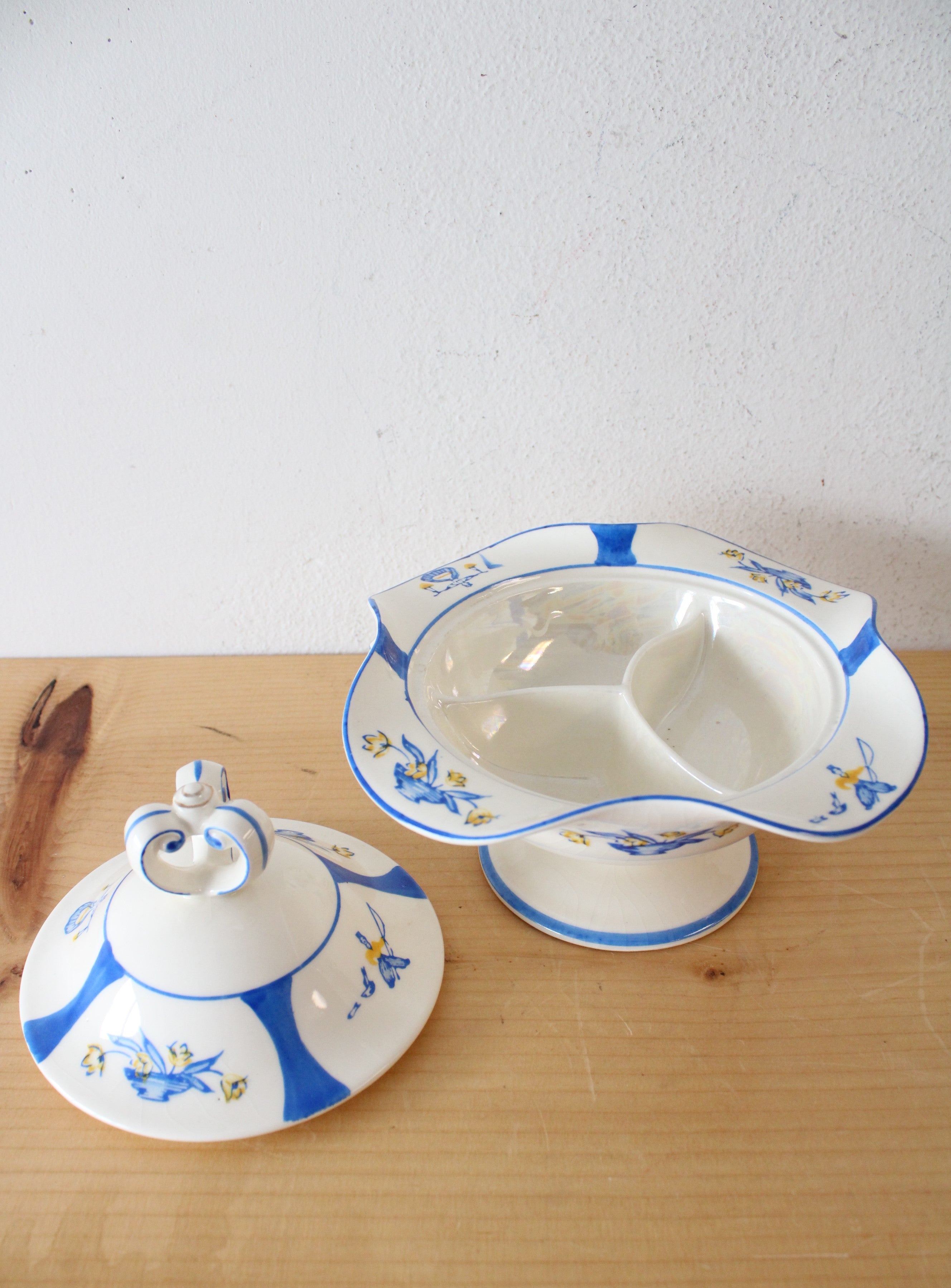 Japanese Hand Painted Blue & Yellow Divided Small Footed Dish