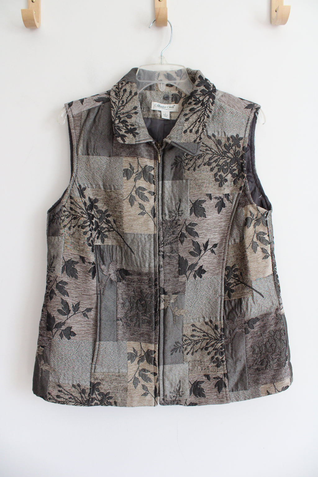 Coldwater Cree Brown & Gray Leaf Patterned Patchwork Vest | L