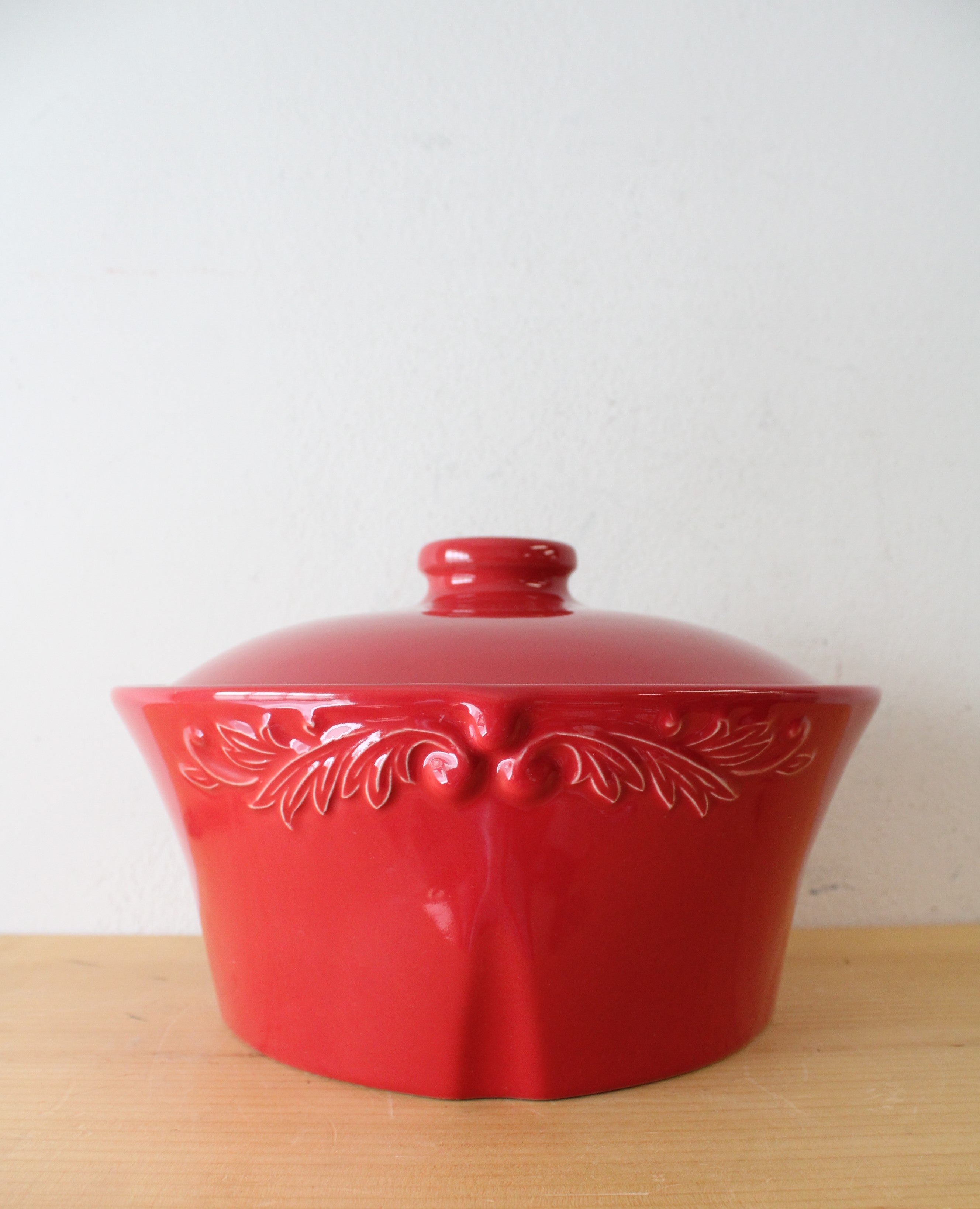 Sur La Table Etched Red Round Stoneware Covered Dish