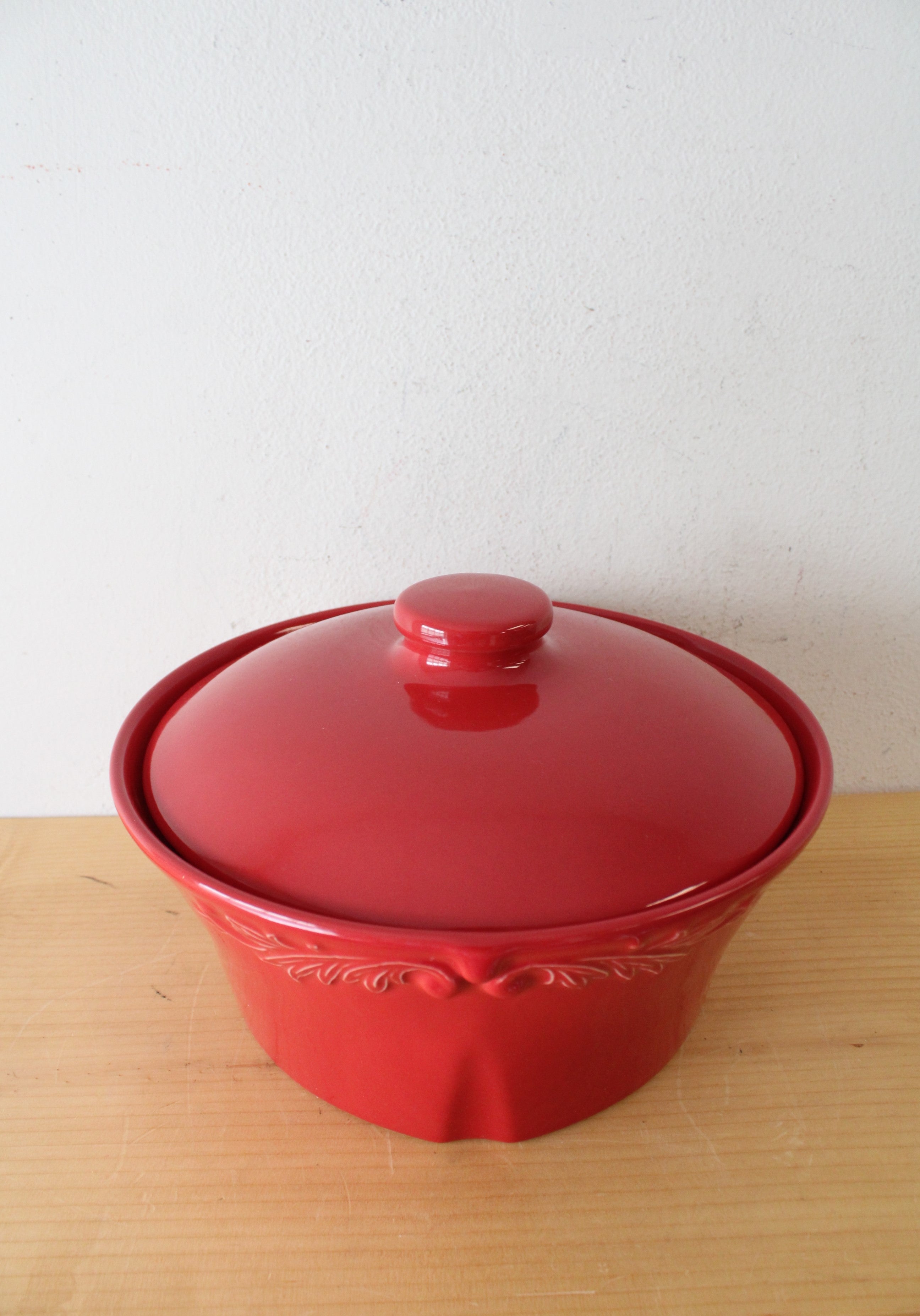 Sur La Table Etched Red Round Stoneware Covered Dish