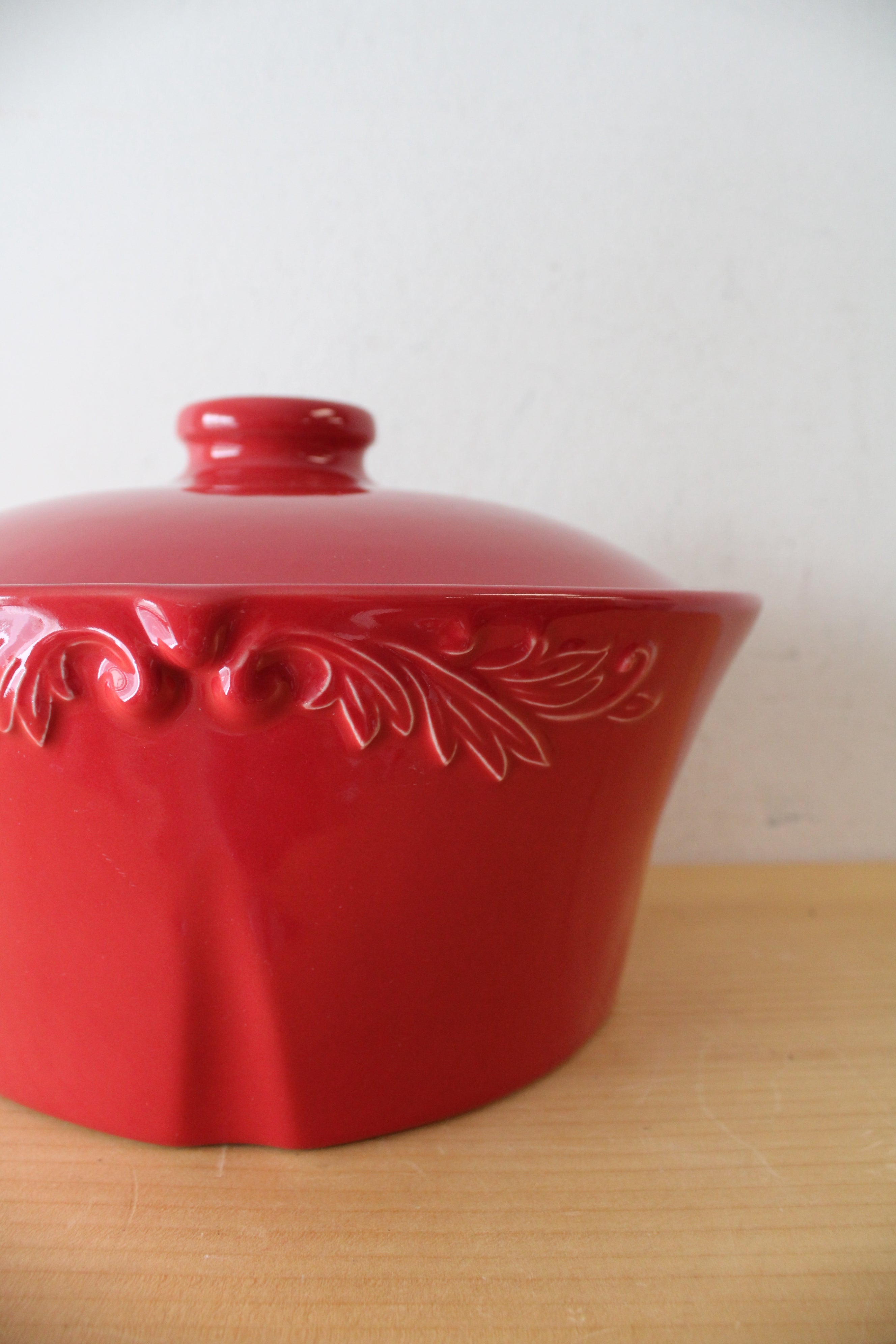 Sur La Table Etched Red Round Stoneware Covered Dish