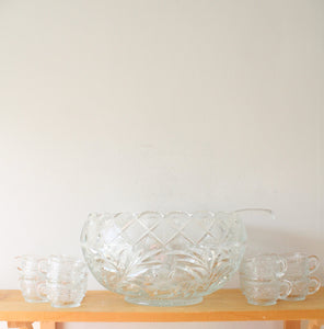 Smith Glass Floral & Diamond Patterned Clear Glass Punch Bowl & Mug Set Of 14